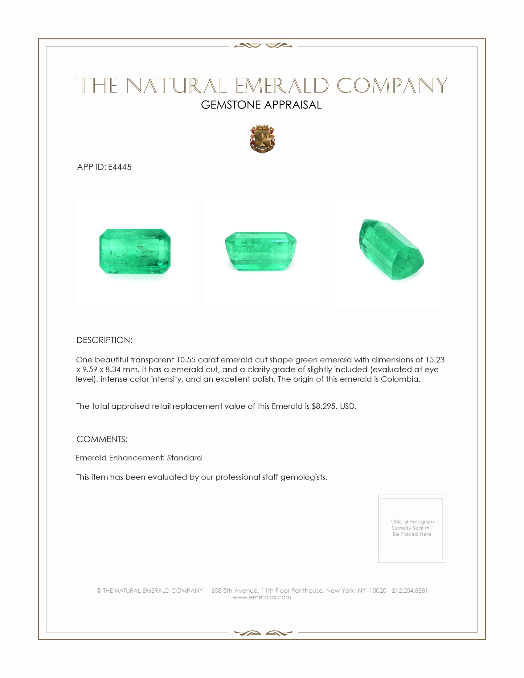 10.55 Ct. Emerald from Colombia