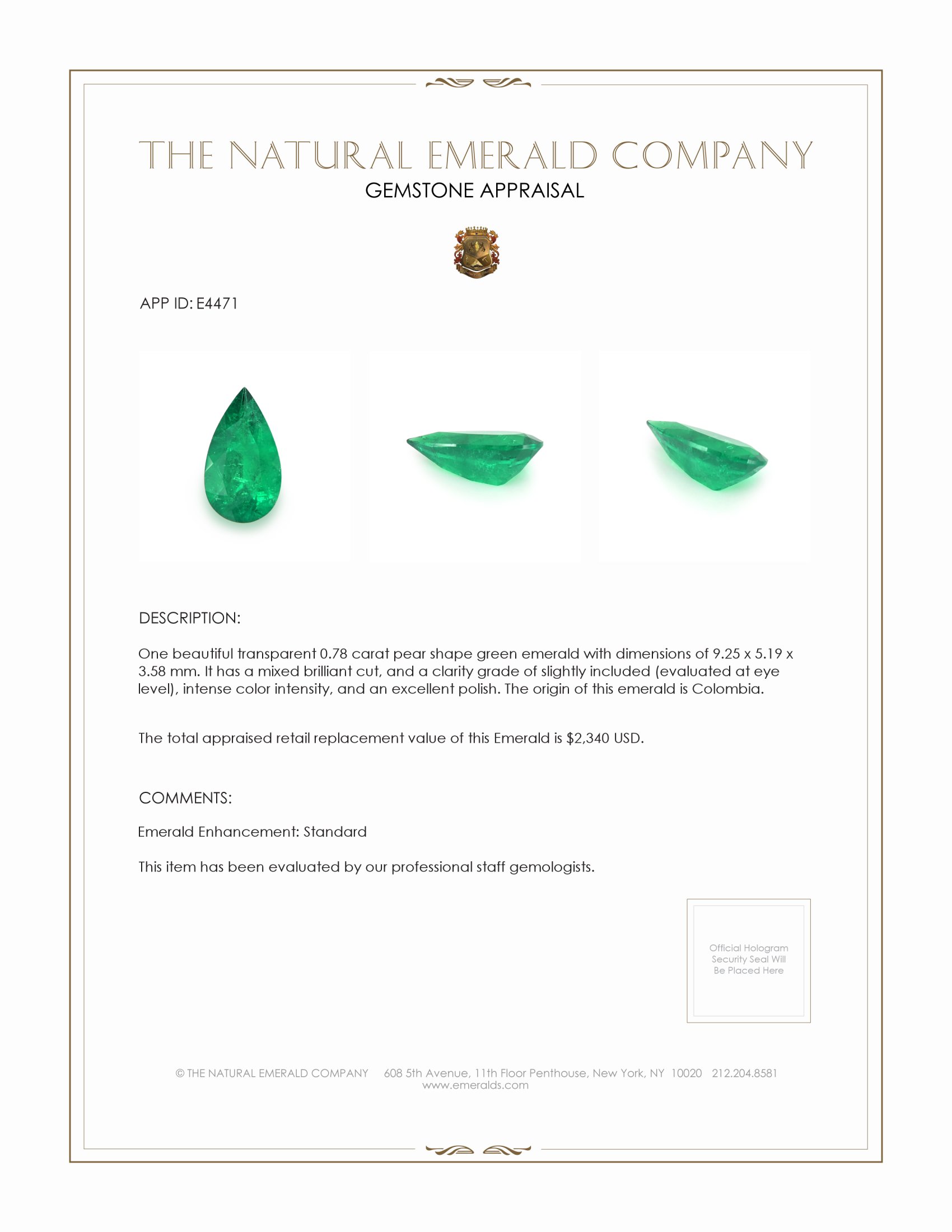 0.78 Ct. Emerald from Colombia