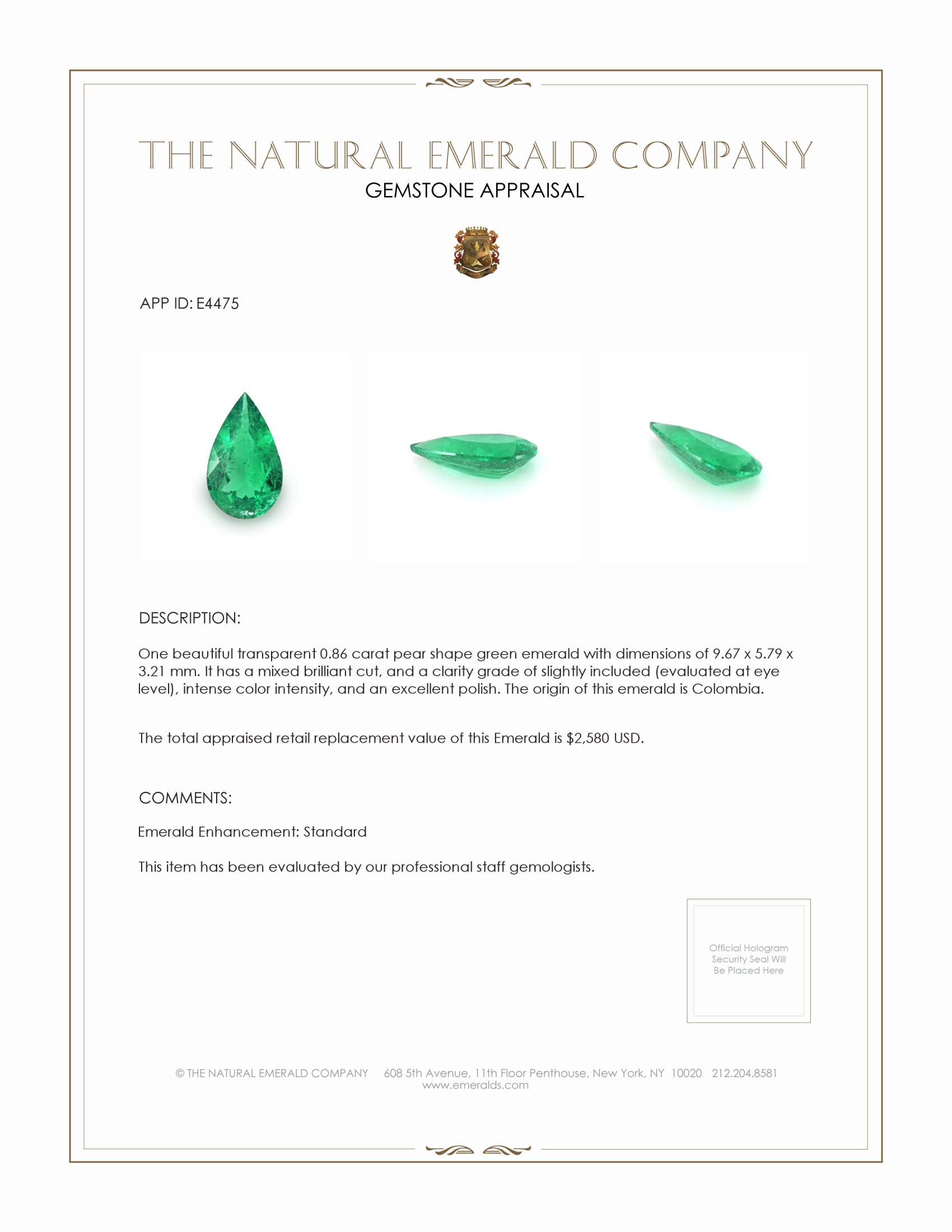 0.86 Ct. Emerald from Colombia