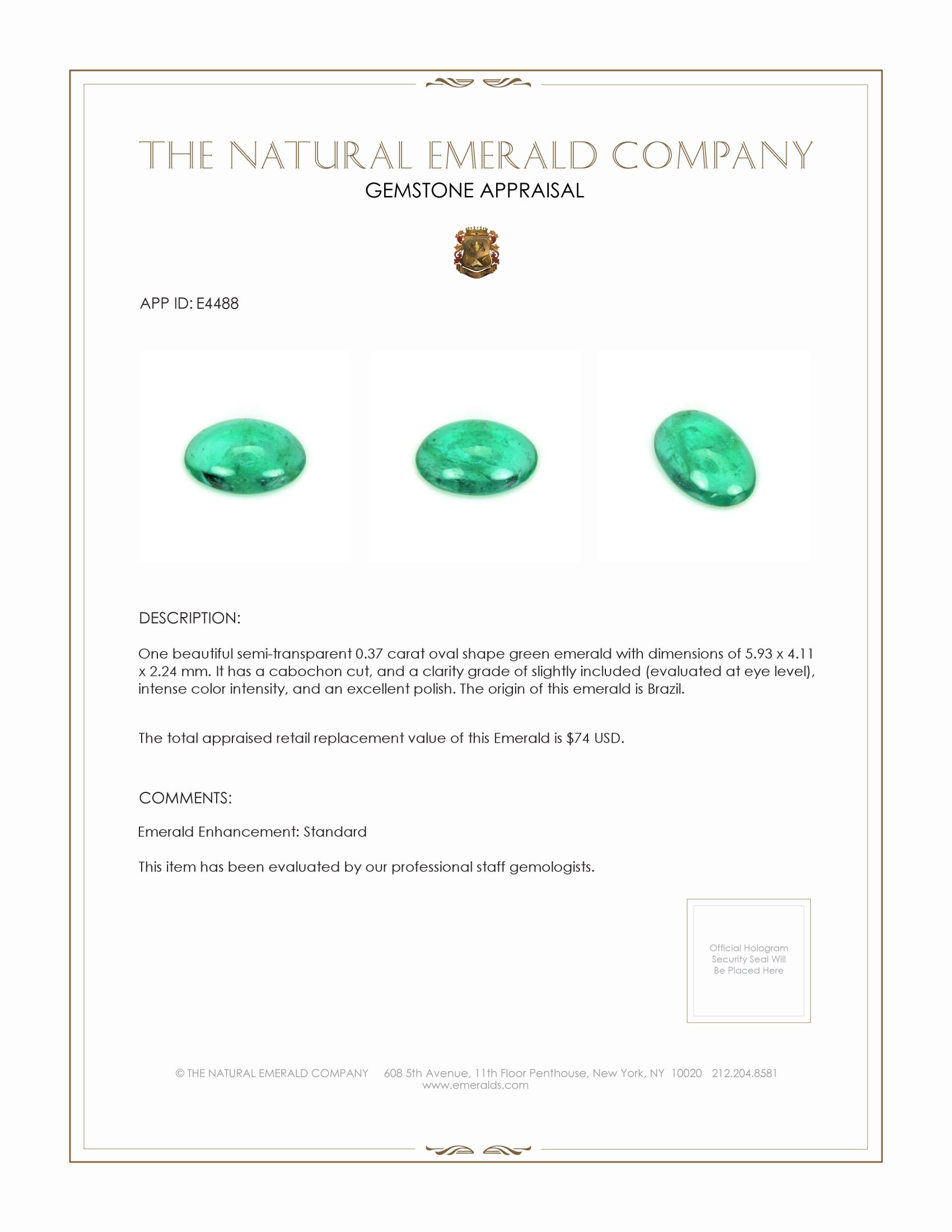 0.37 Ct. Cabochon Emerald from Brazil