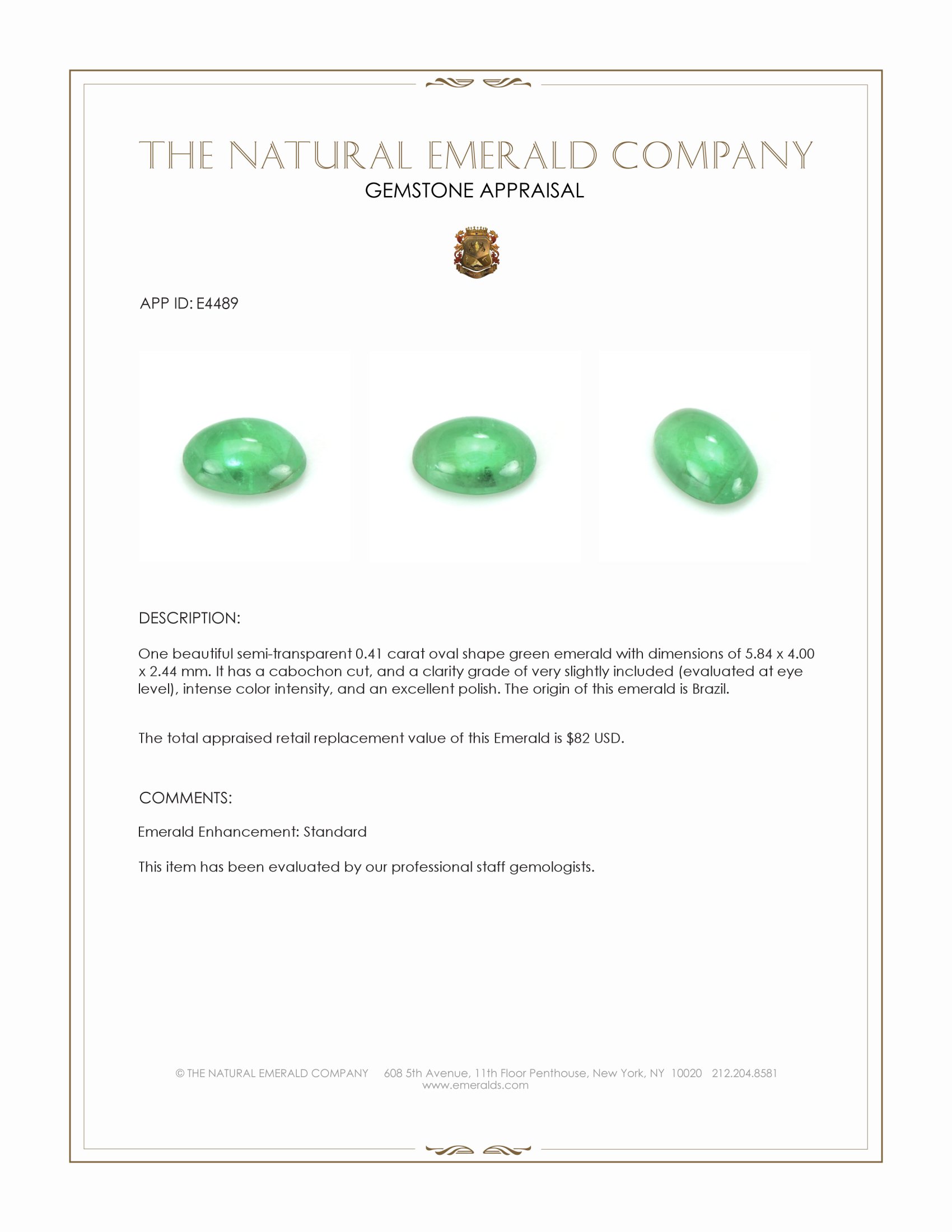 0.41 Ct. Cabochon Emerald from Brazil