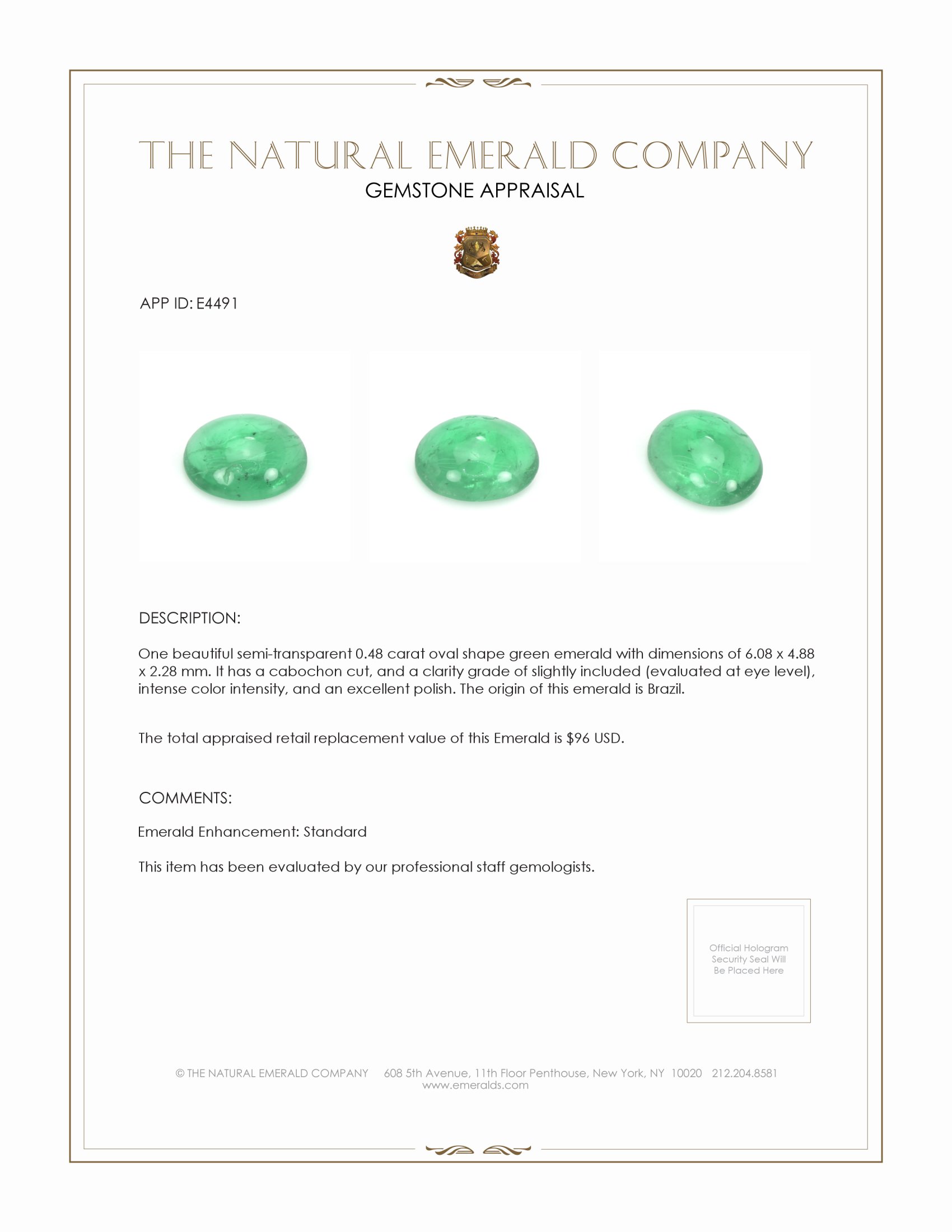 0.48 Ct. Cabochon Emerald from Brazil