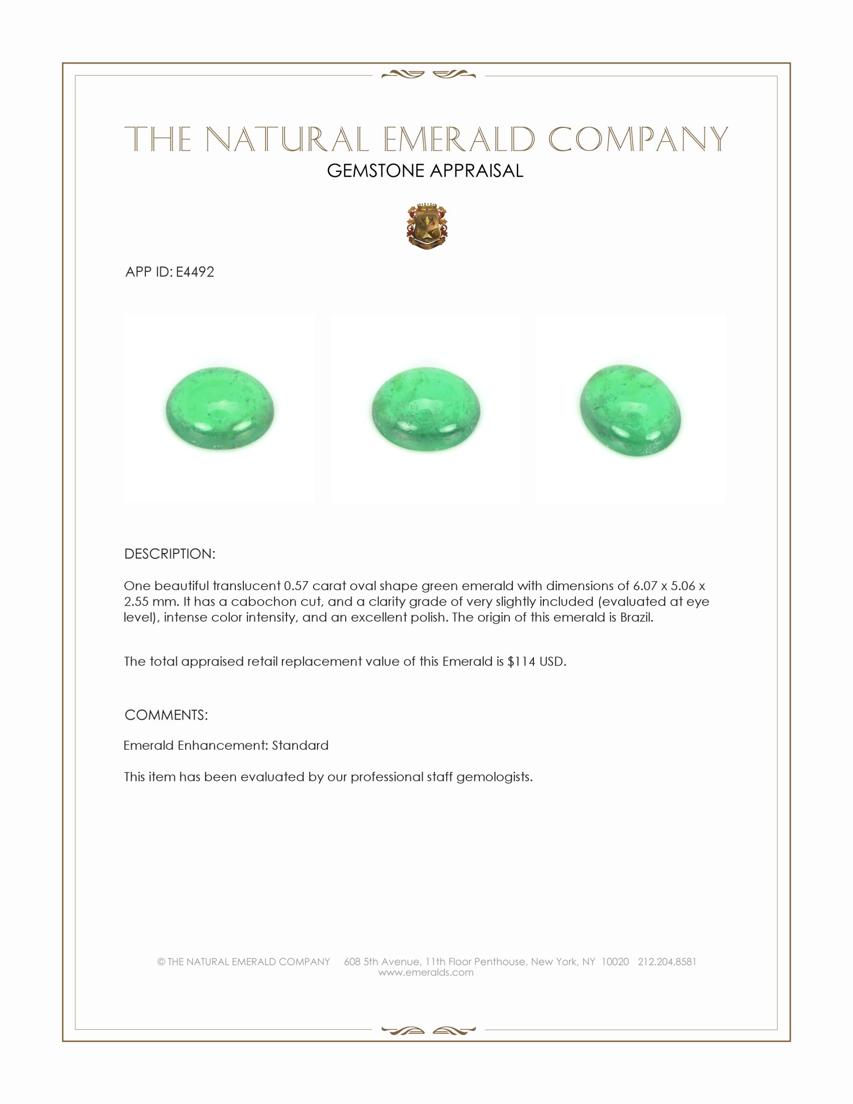 0.57 Ct. Cabochon Emerald from Brazil