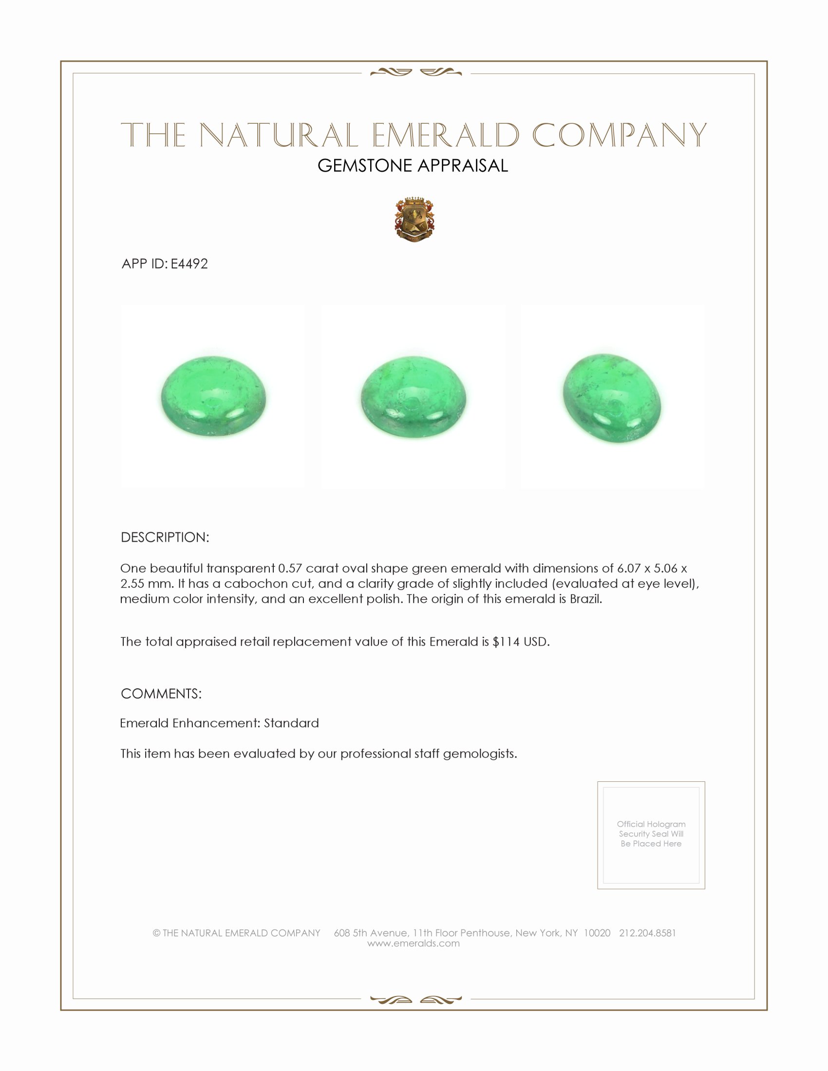 0.57 Ct. Cabochon Emerald from Brazil