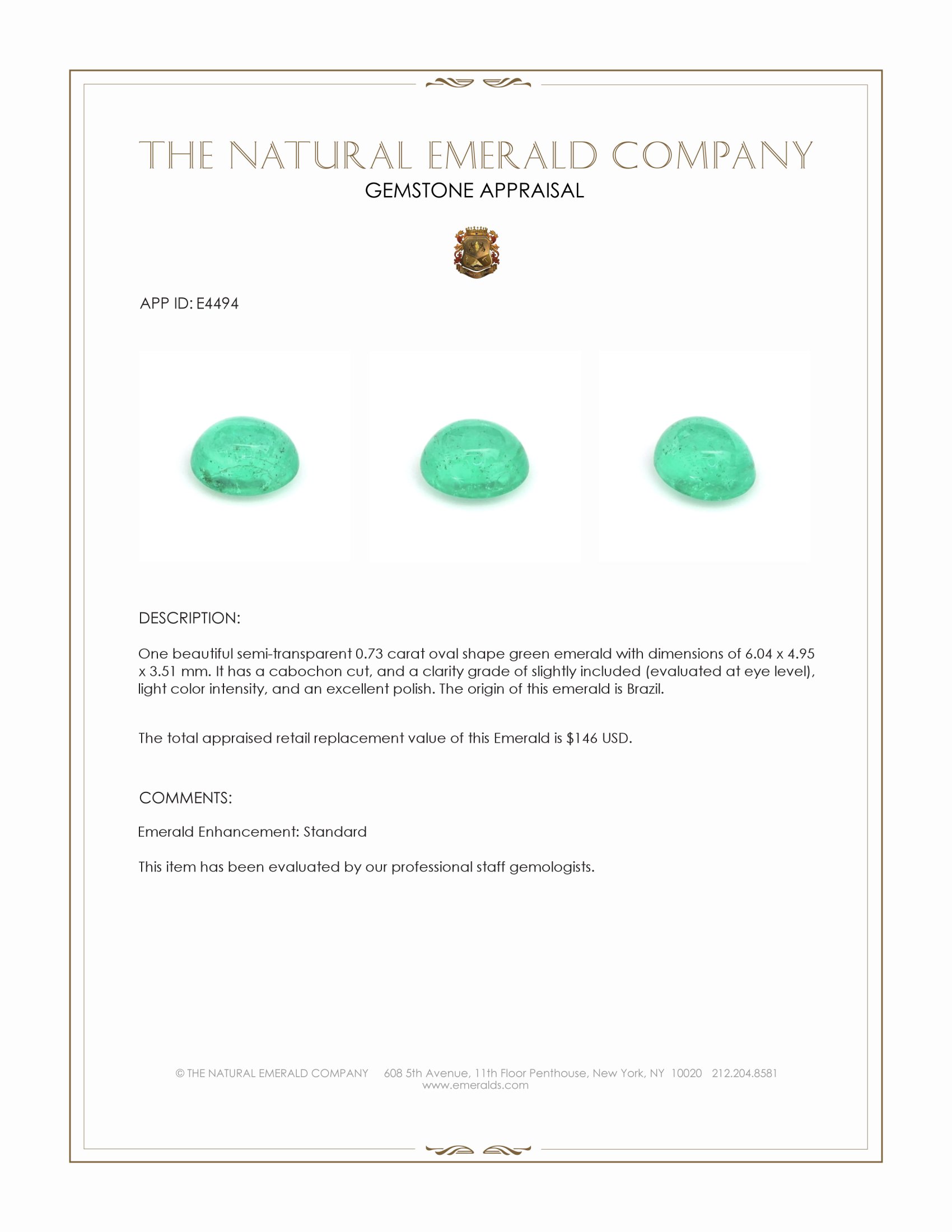 0.73 Ct. Cabochon Emerald from Brazil