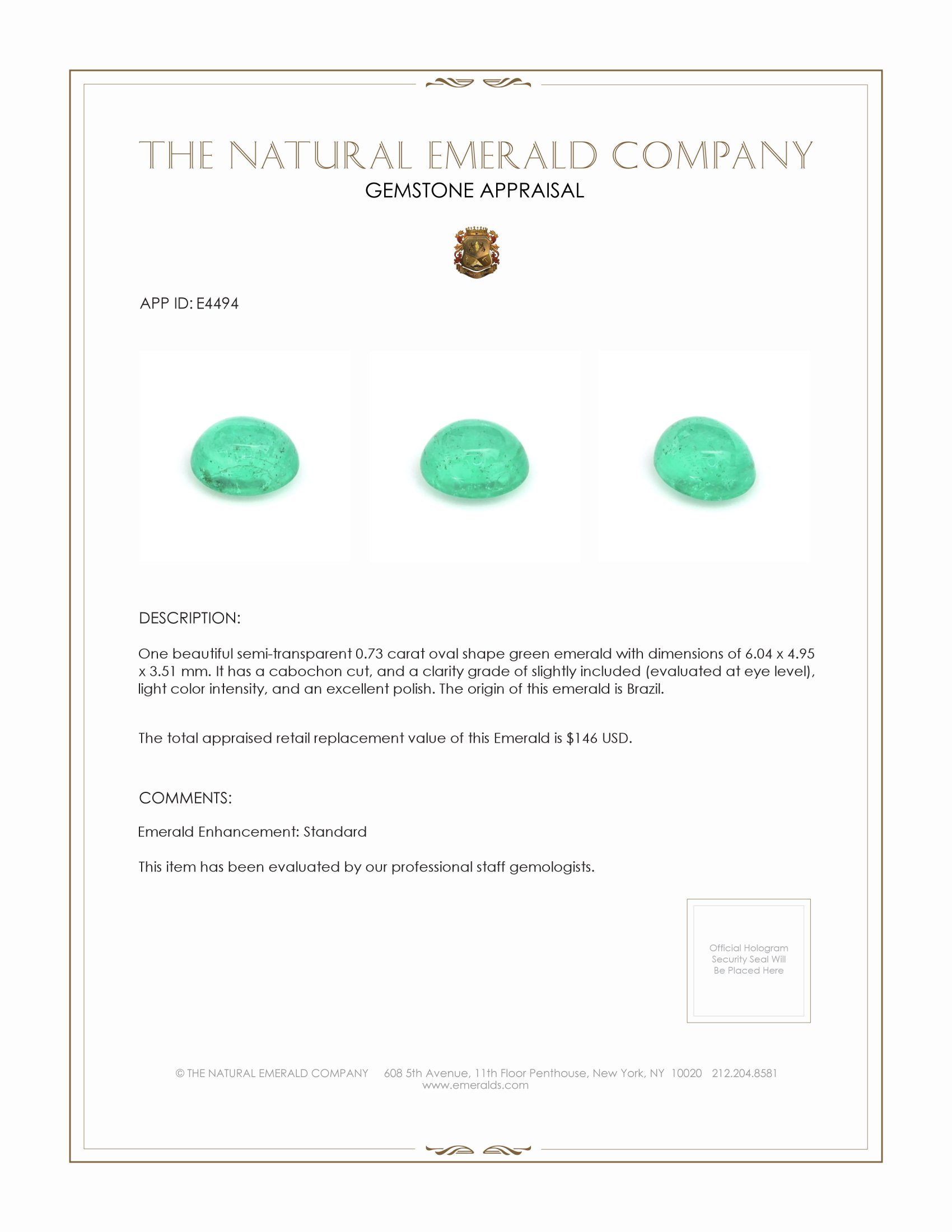 0.73 Ct. Cabochon Emerald from Brazil