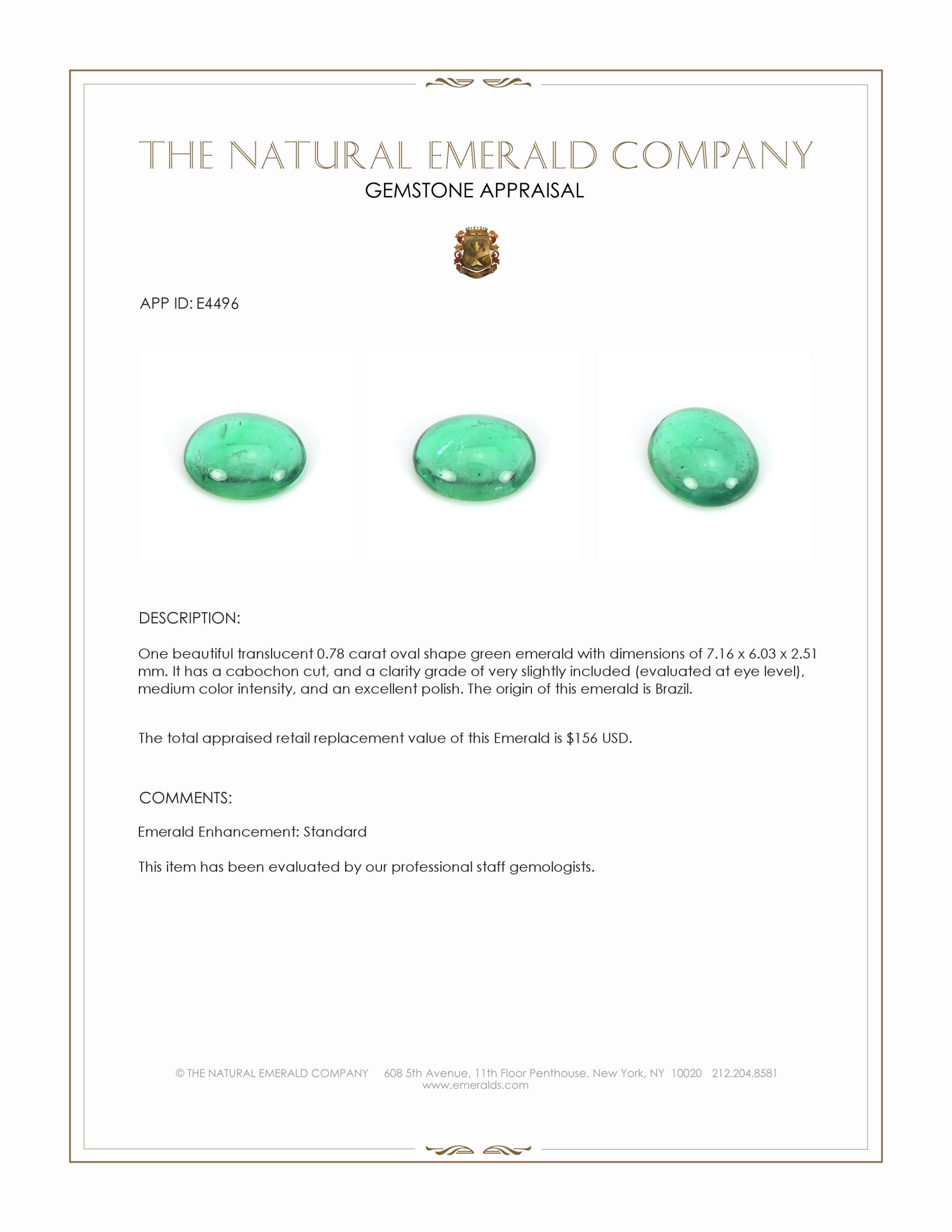 0.78 Ct. Cabochon Emerald from Brazil