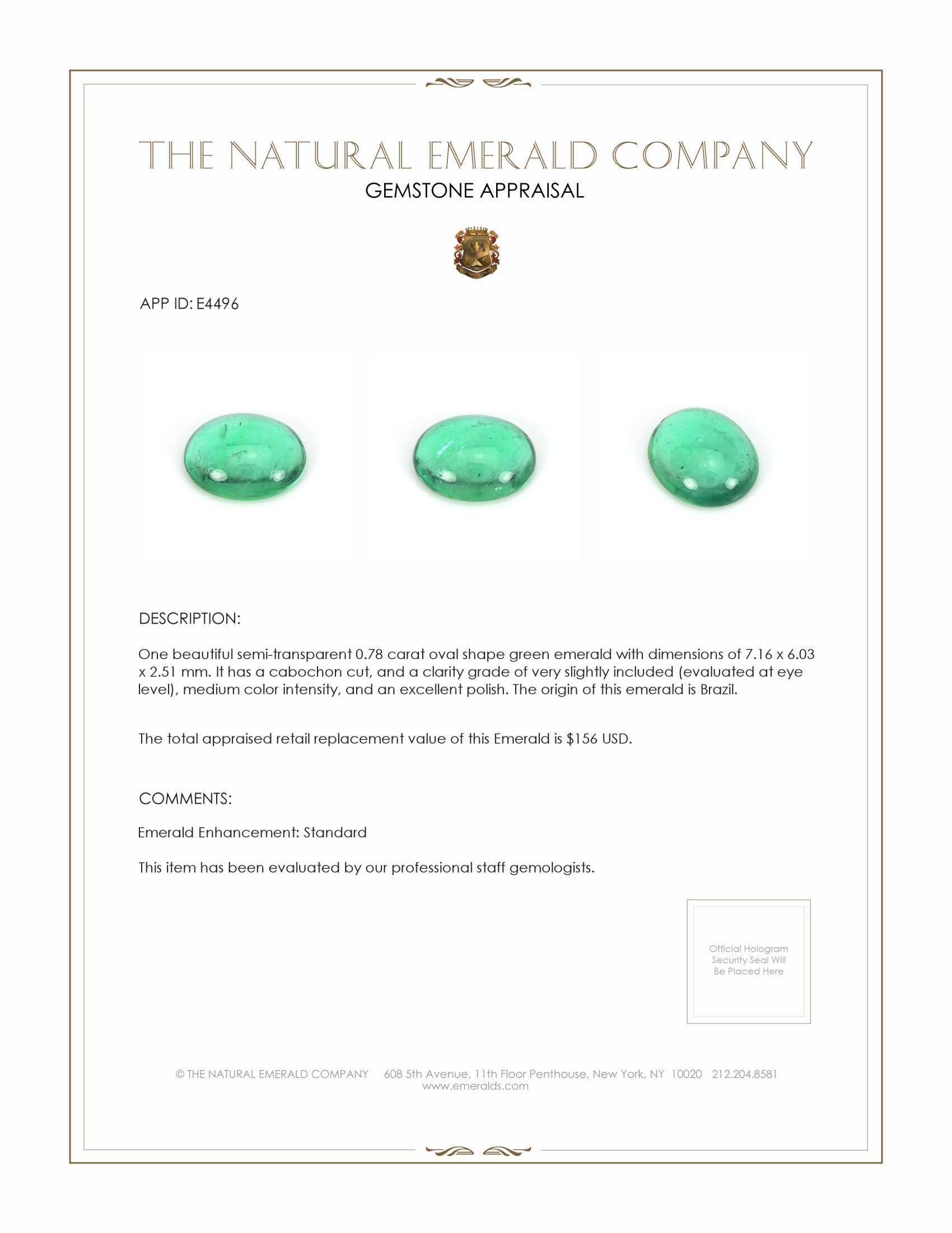 0.78 Ct. Cabochon Emerald from Brazil