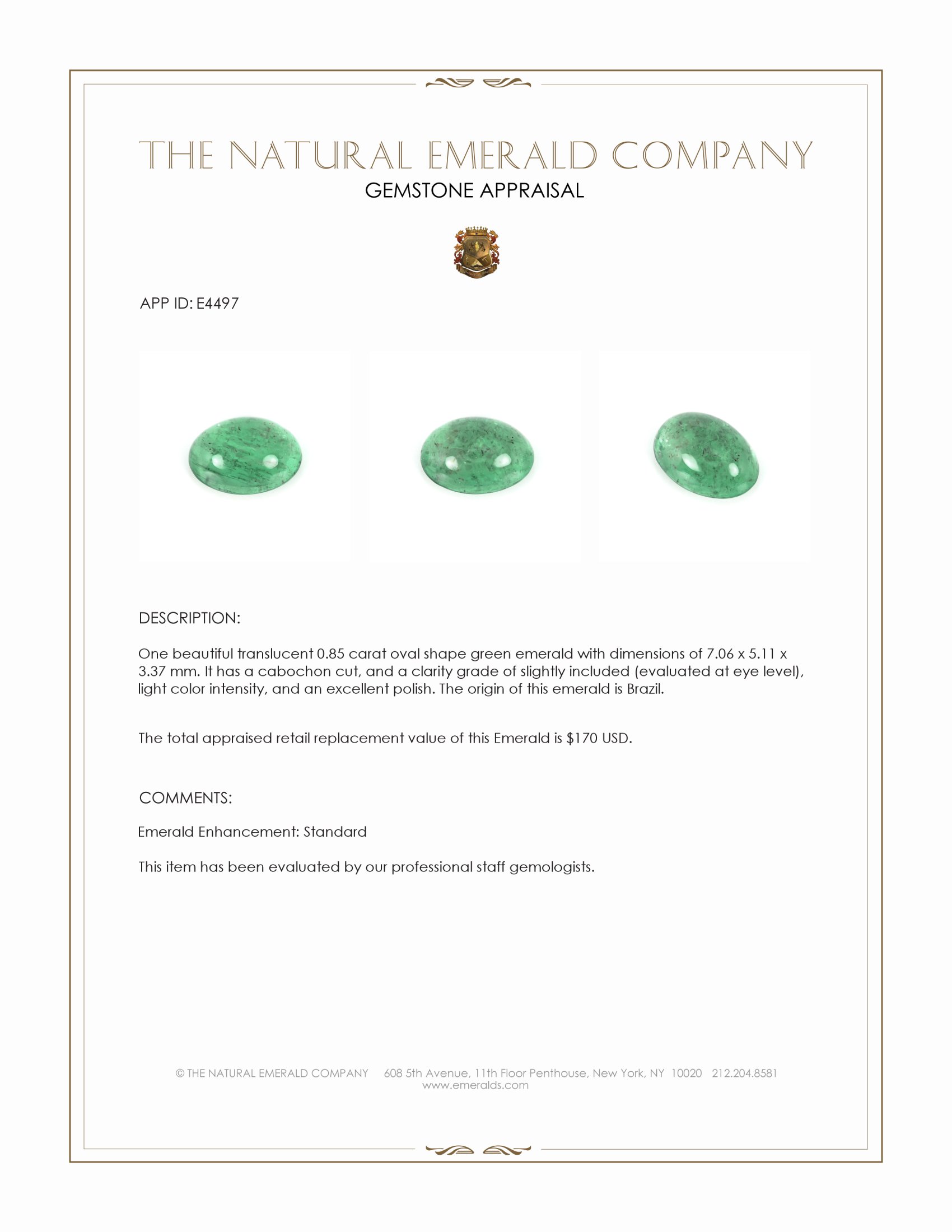 0.85 Ct. Cabochon Emerald from Brazil