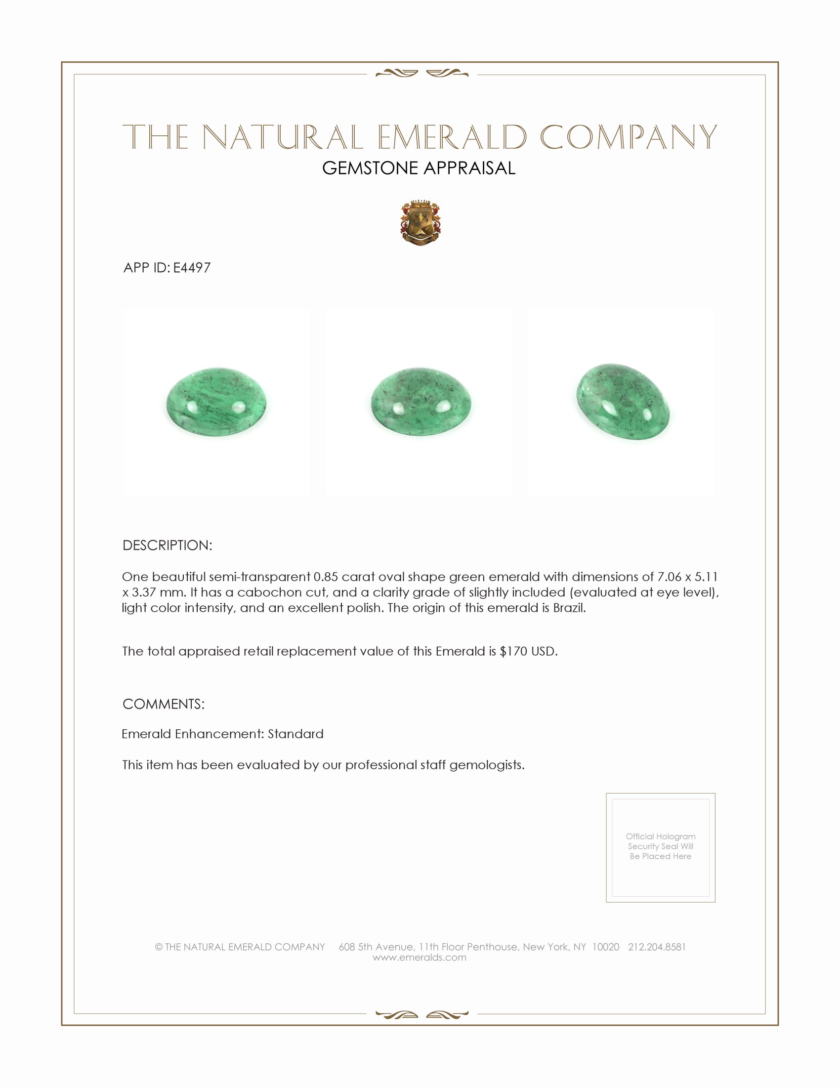 0.85 Ct. Cabochon Emerald from Brazil