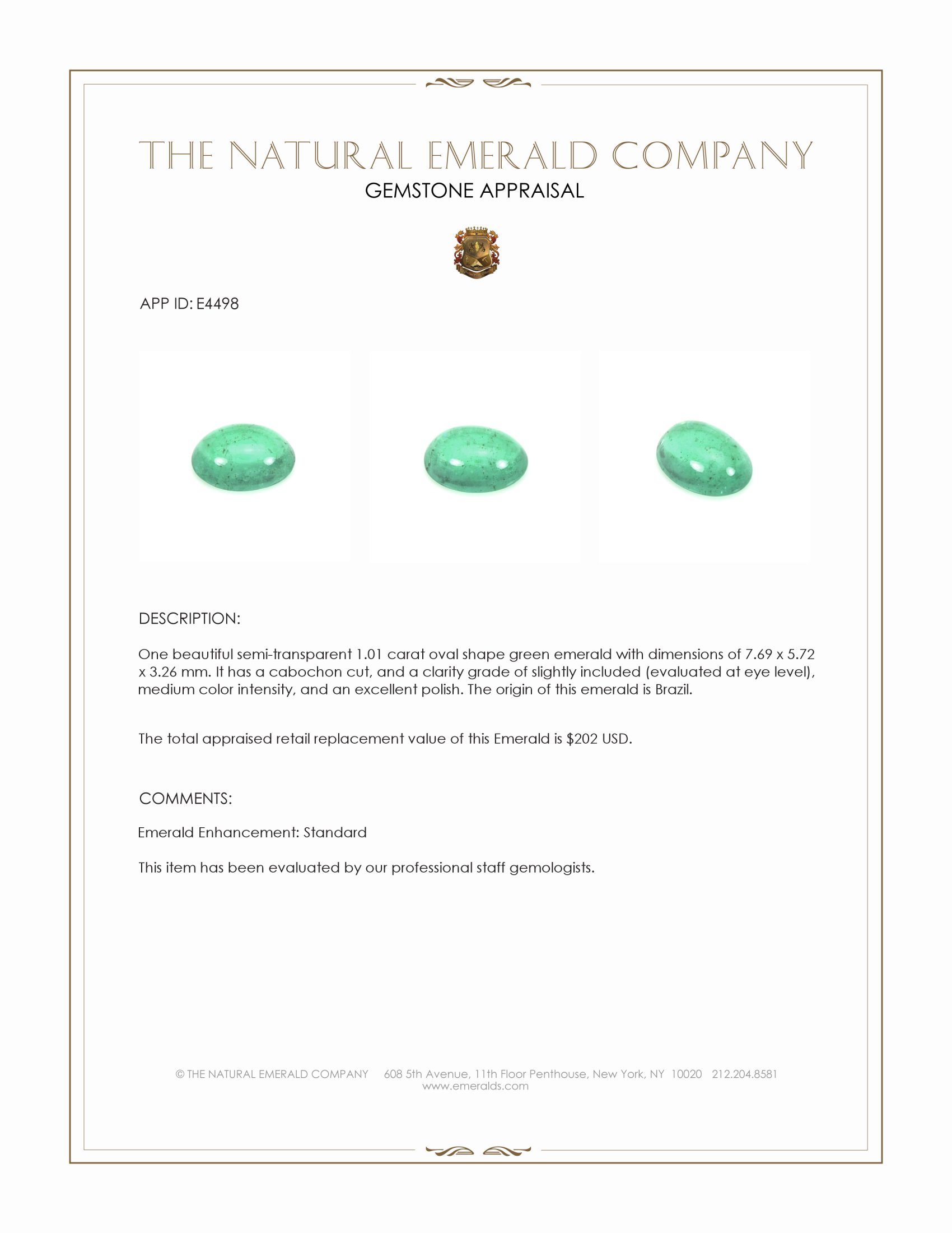 1.01 Ct. Cabochon Emerald from Brazil