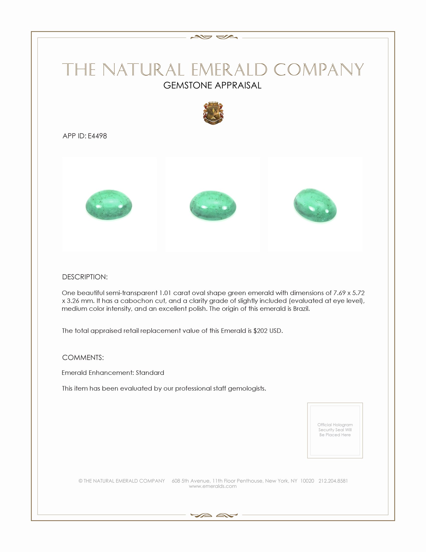 1.01 Ct. Cabochon Emerald from Brazil