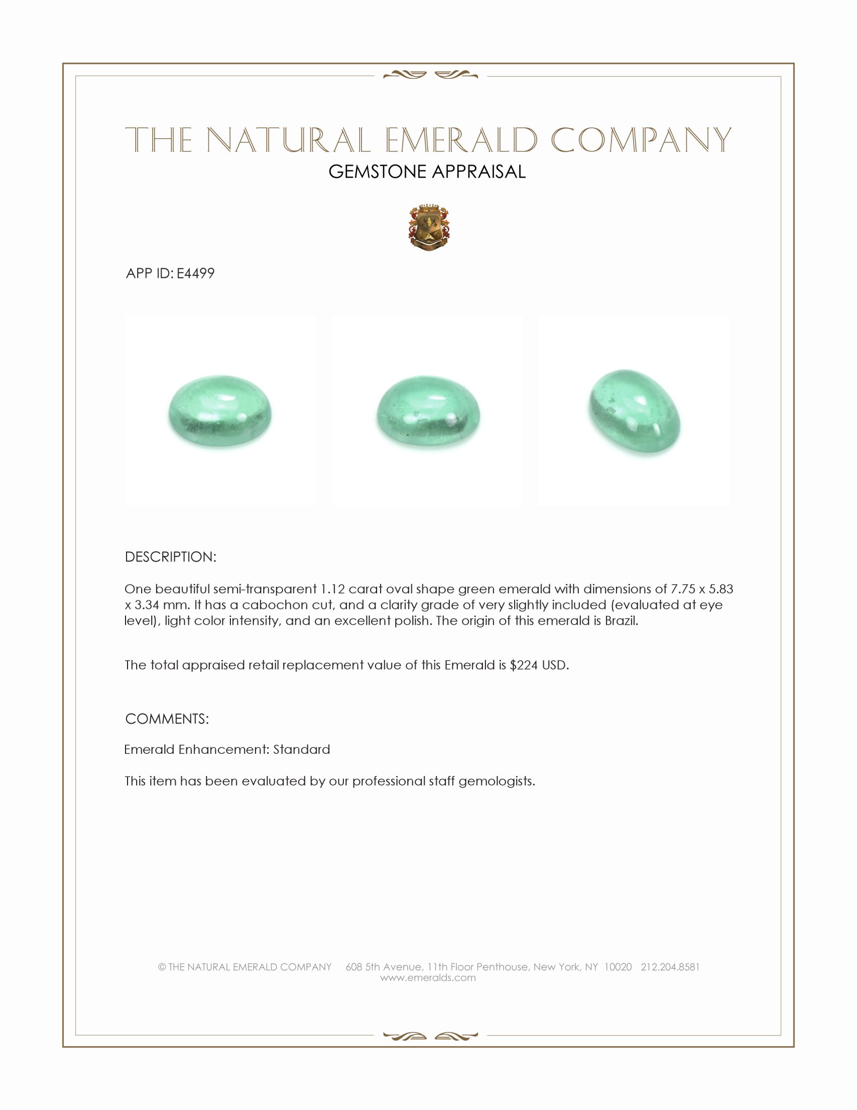 1.12 Ct. Cabochon Emerald from Brazil