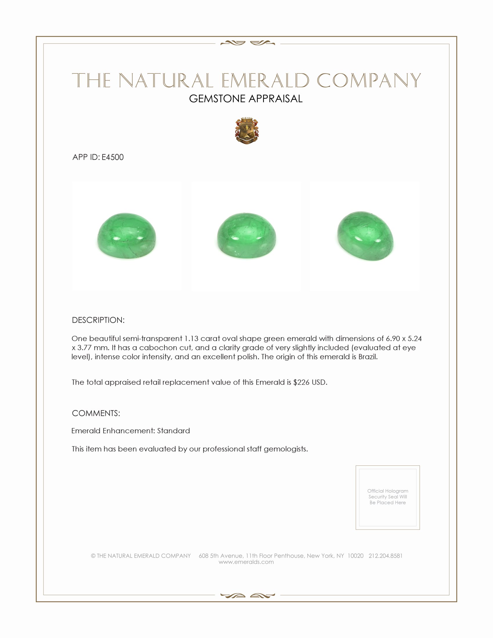 1.13 Ct. Cabochon Emerald from Brazil