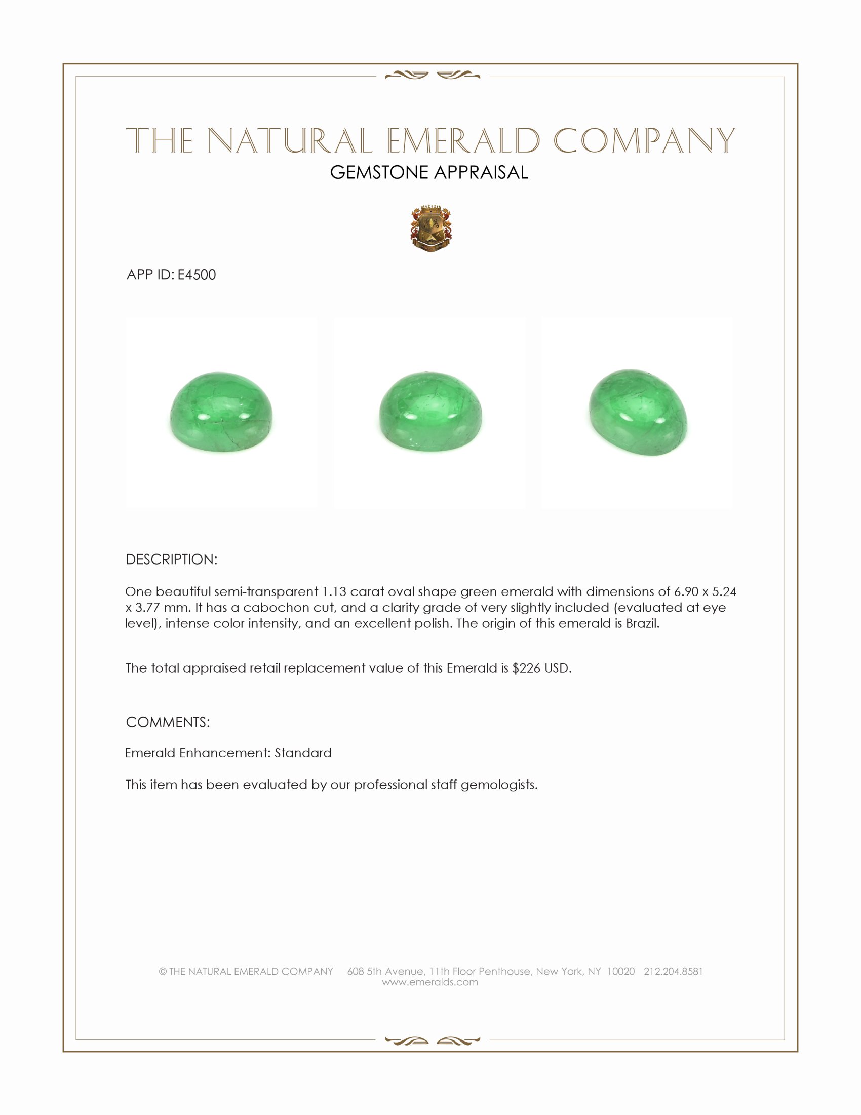 1.13 Ct. Cabochon Emerald from Brazil