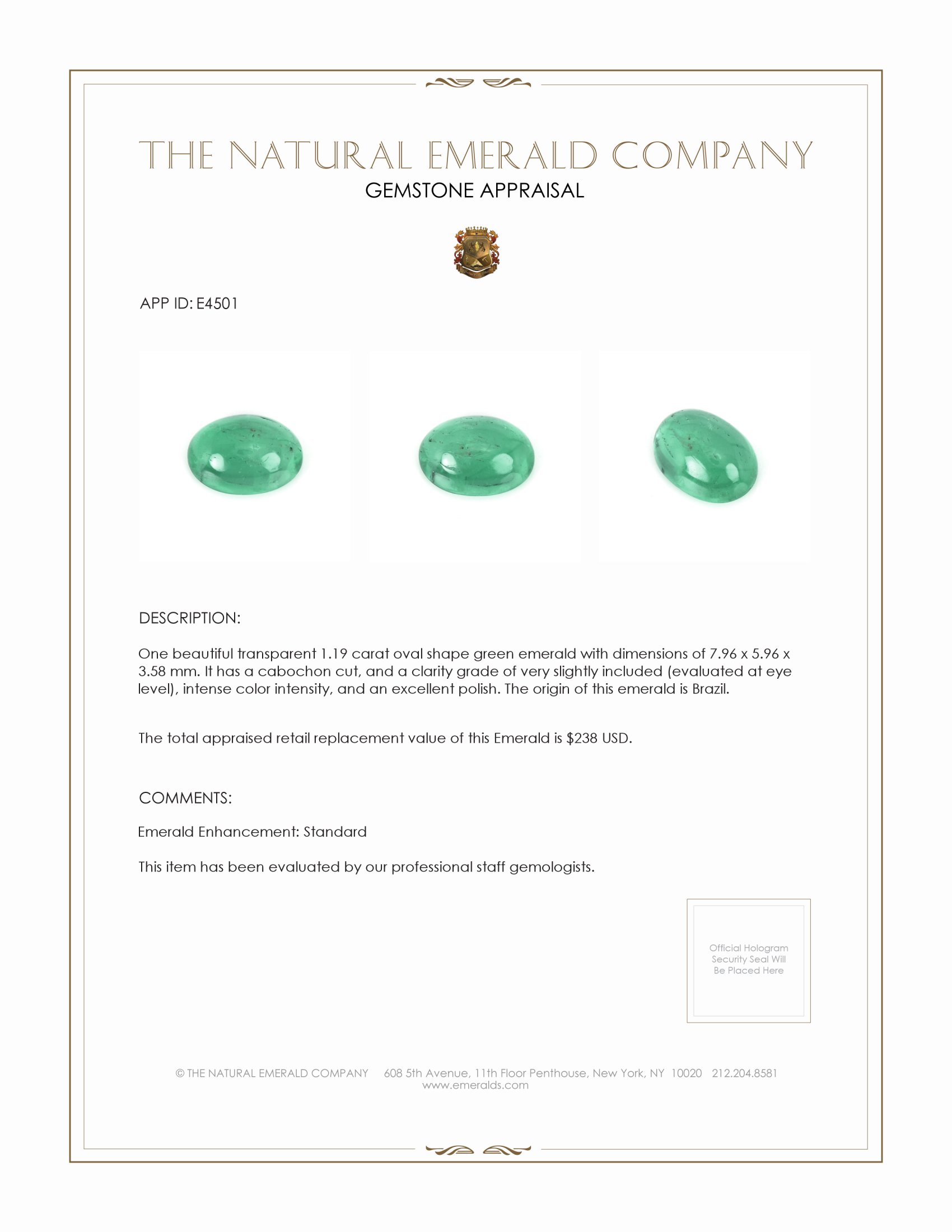 1.19 Ct. Cabochon Emerald from Brazil