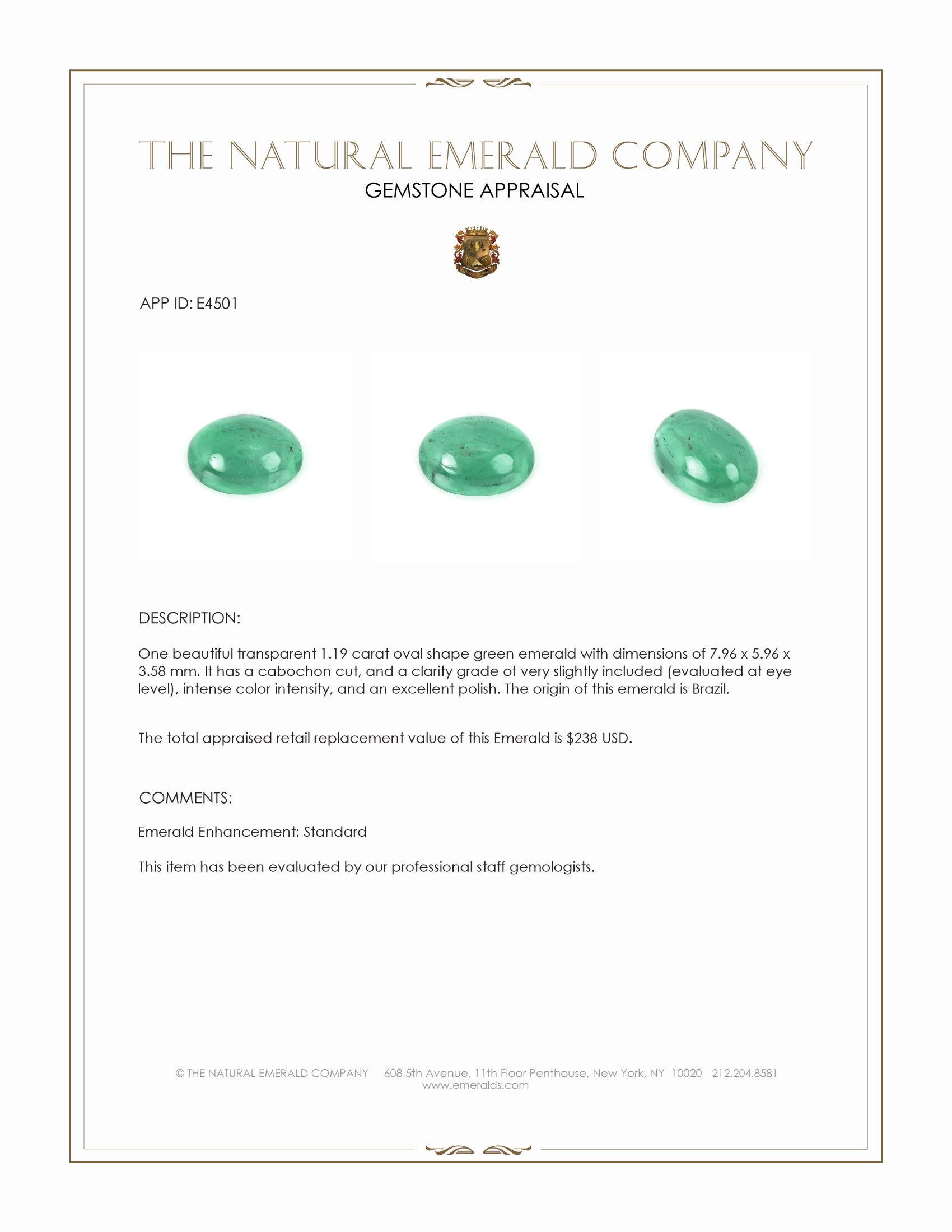 1.19 Ct. Cabochon Emerald from Brazil