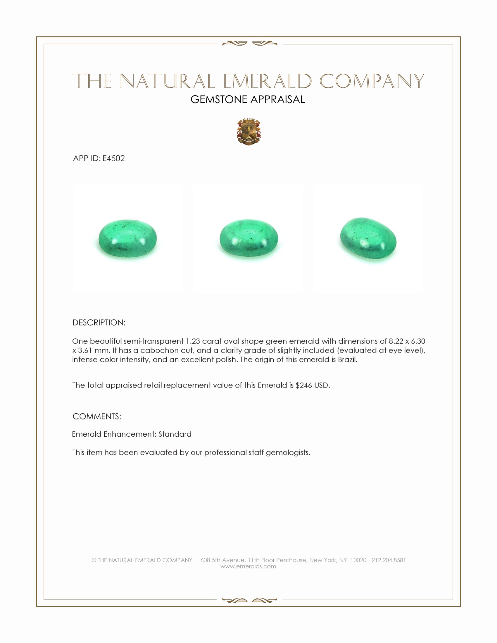 1.23 Ct. Cabochon Emerald from Brazil