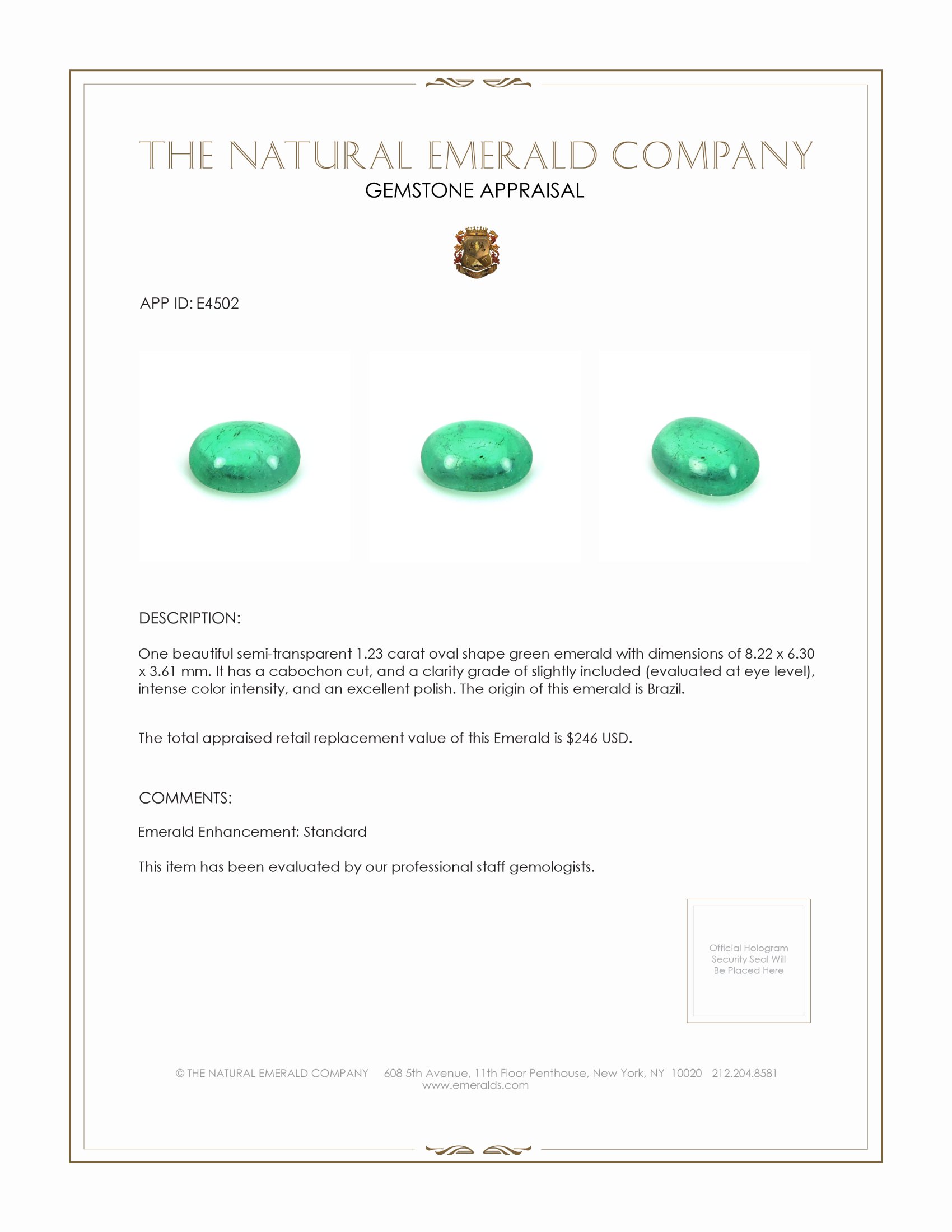 1.23 Ct. Cabochon Emerald from Brazil