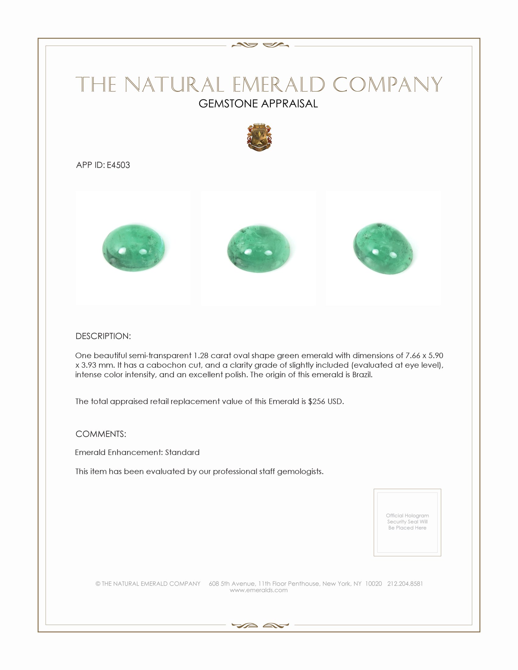 1.28 Ct. Cabochon Emerald from Brazil