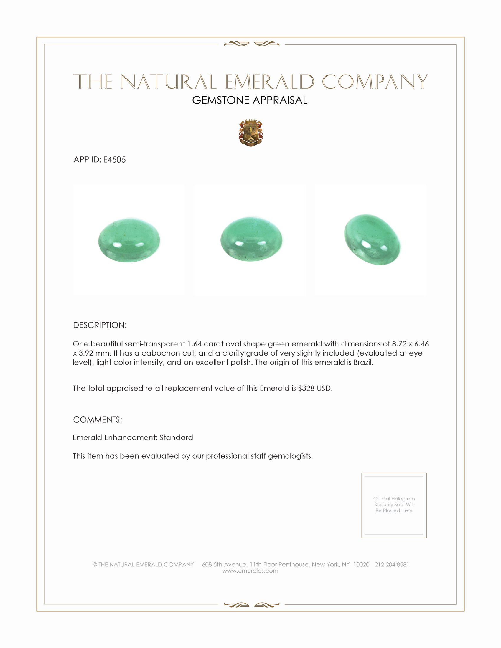 1.64 Ct. Cabochon Emerald from Brazil