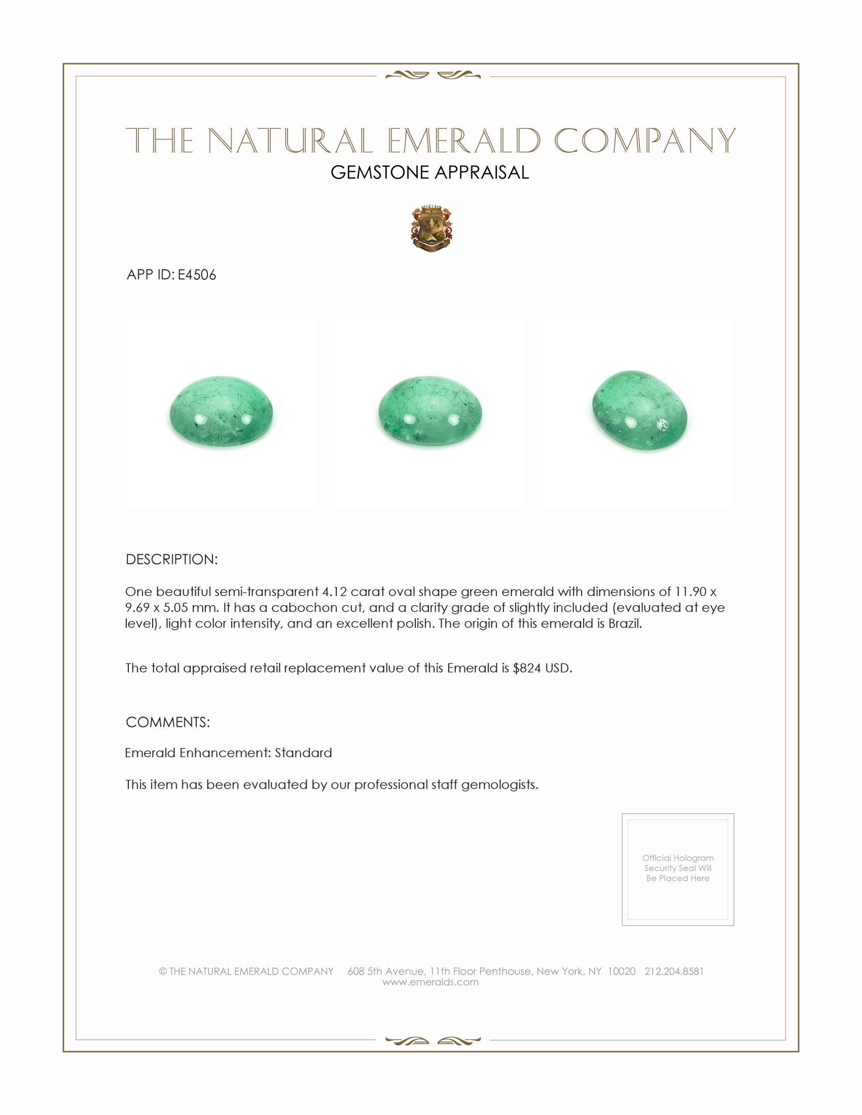 4.12 Ct. Cabochon Emerald from Brazil