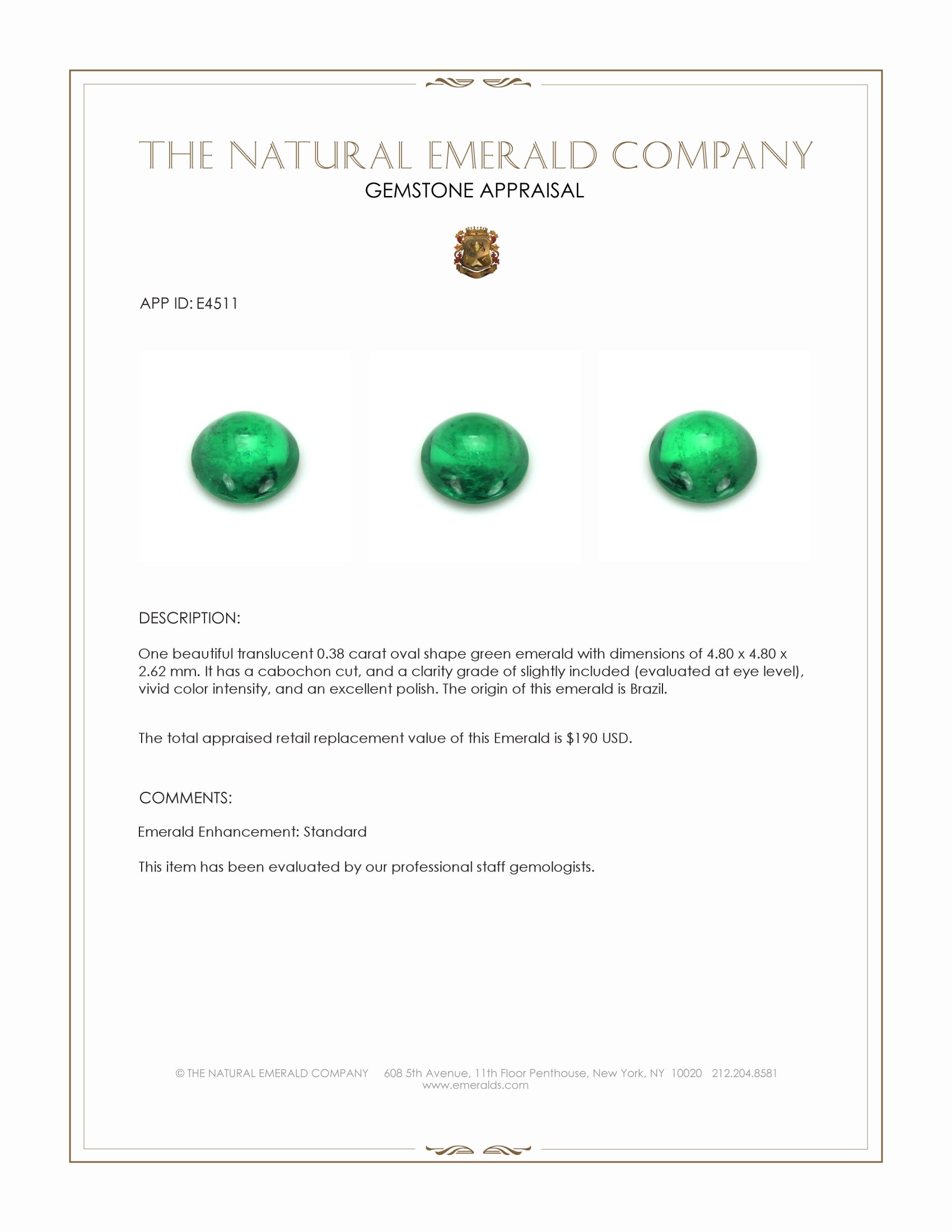 0.38 Ct. Cabochon Emerald from Brazil