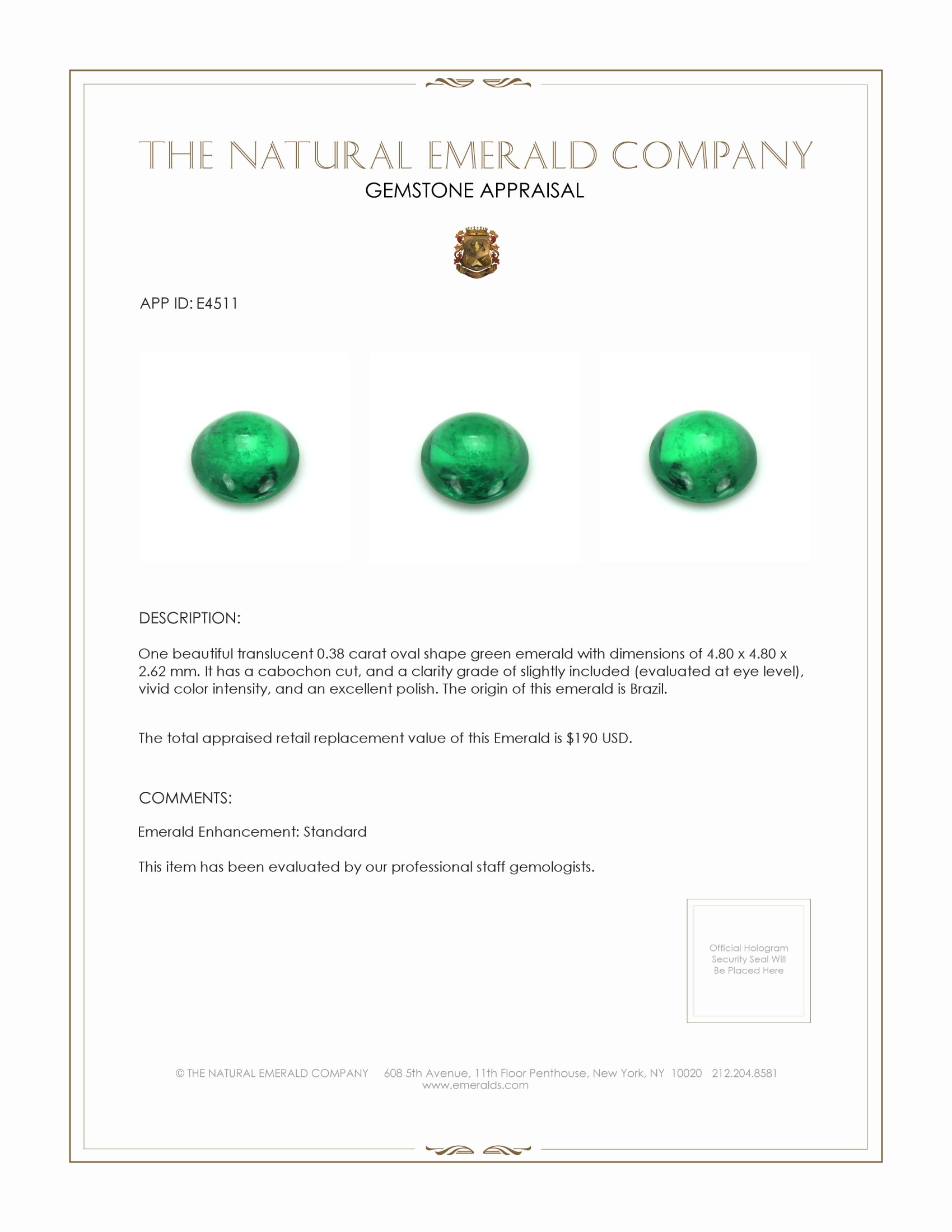 0.38 Ct. Cabochon Emerald from Brazil