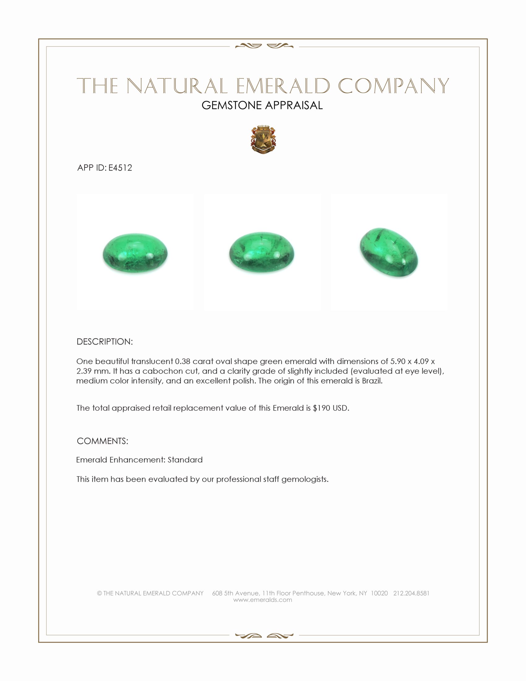 0.38 Ct. Cabochon Emerald from Brazil