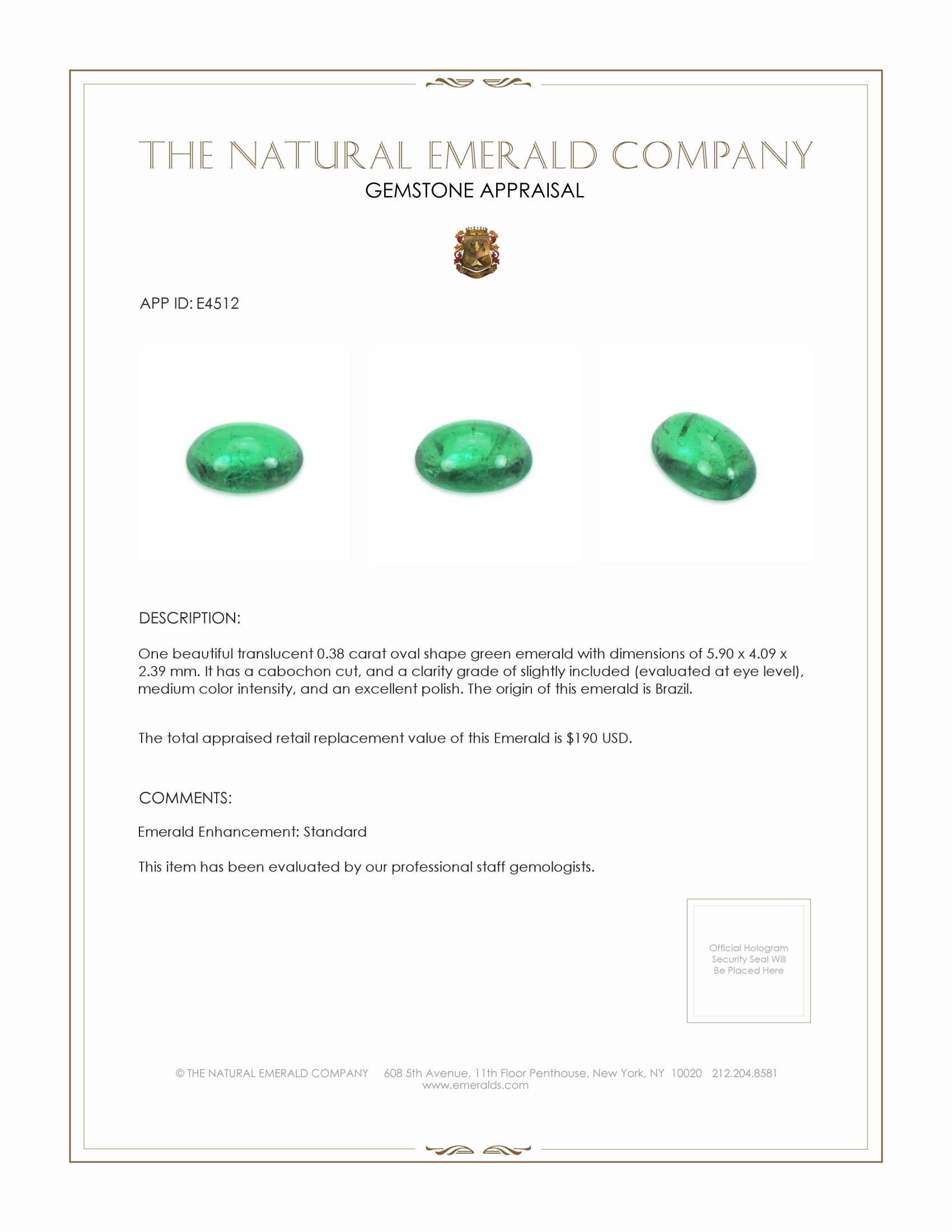 0.38 Ct. Cabochon Emerald from Brazil