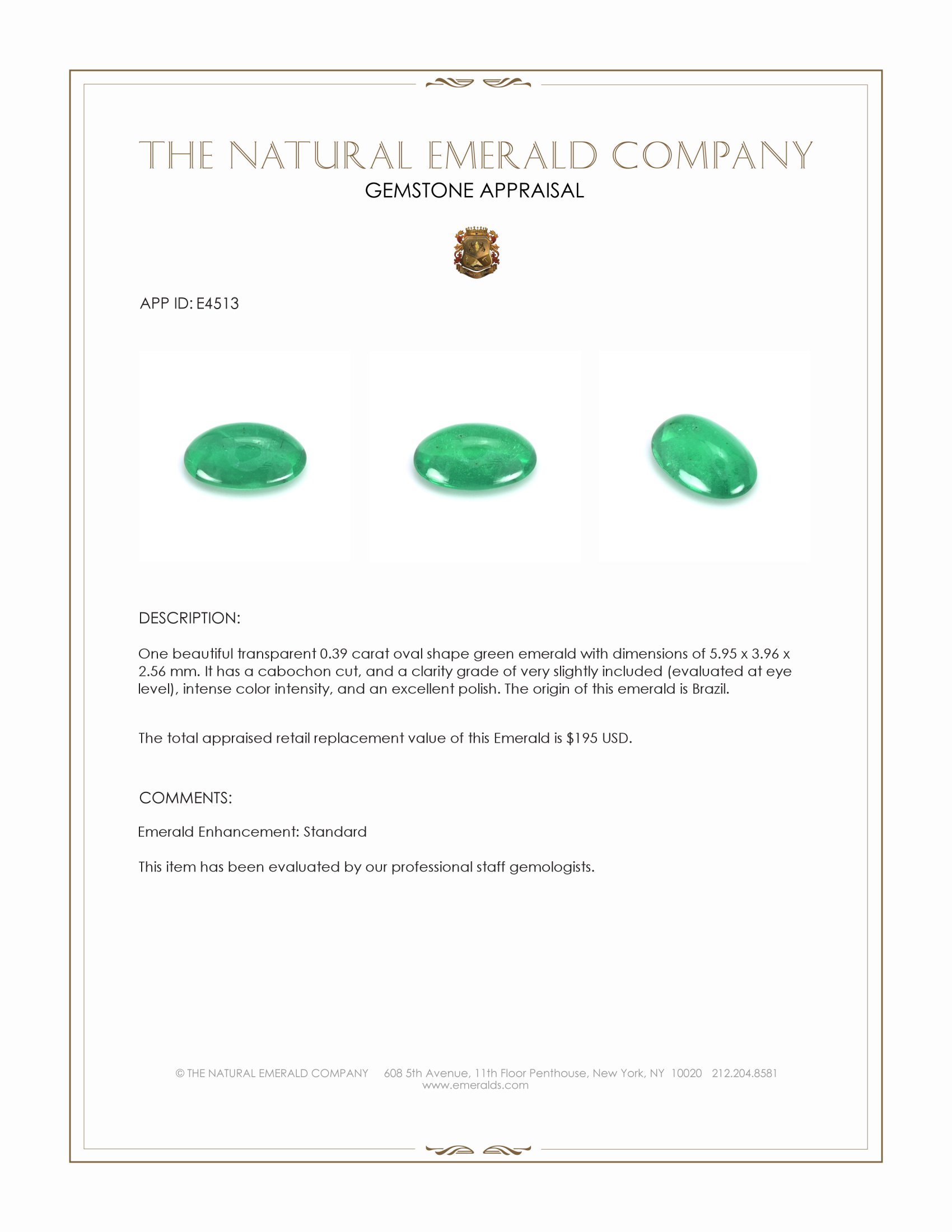 0.39 Ct. Cabochon Emerald from Brazil