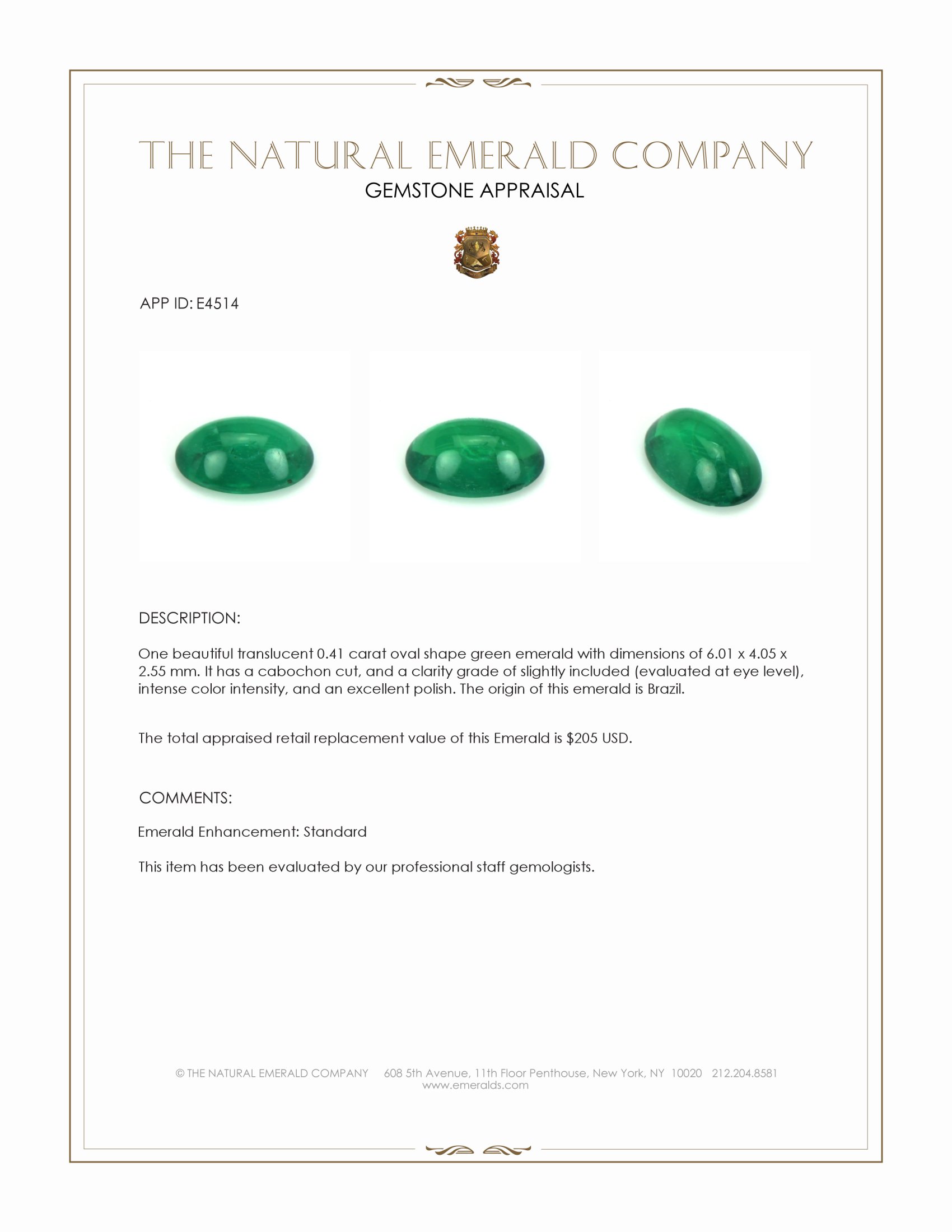 0.41 Ct. Cabochon Emerald from Brazil
