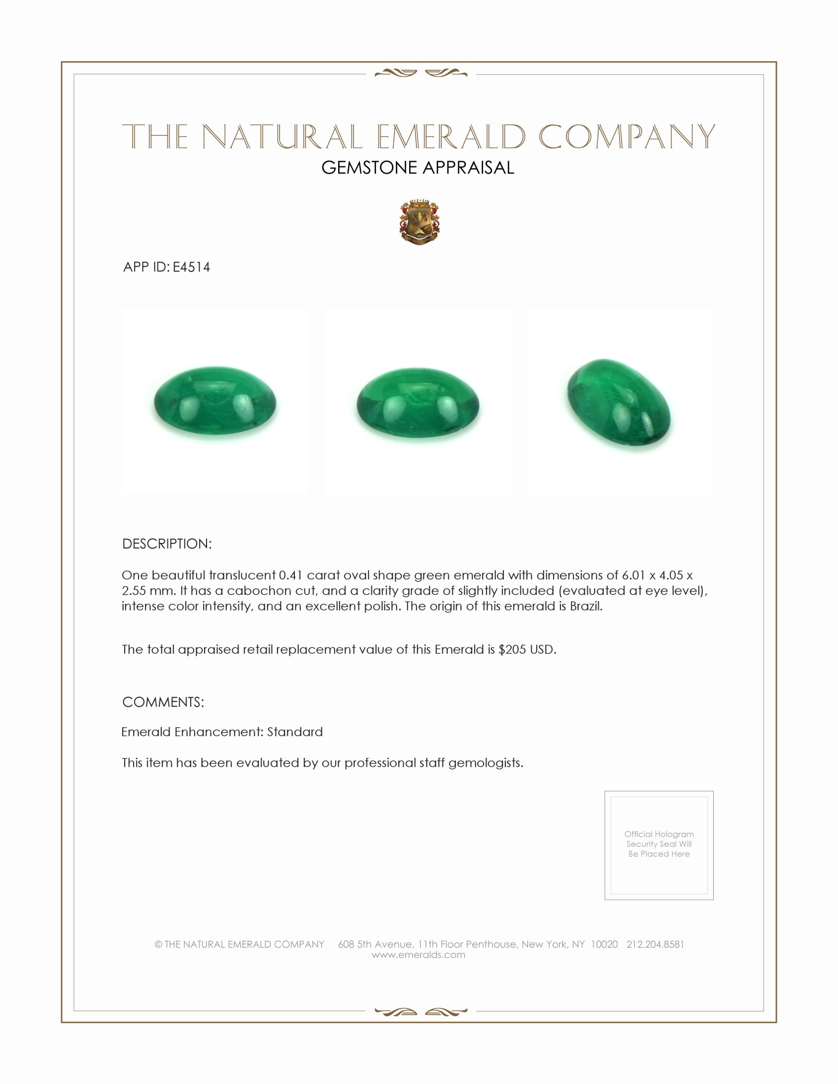 0.41 Ct. Cabochon Emerald from Brazil