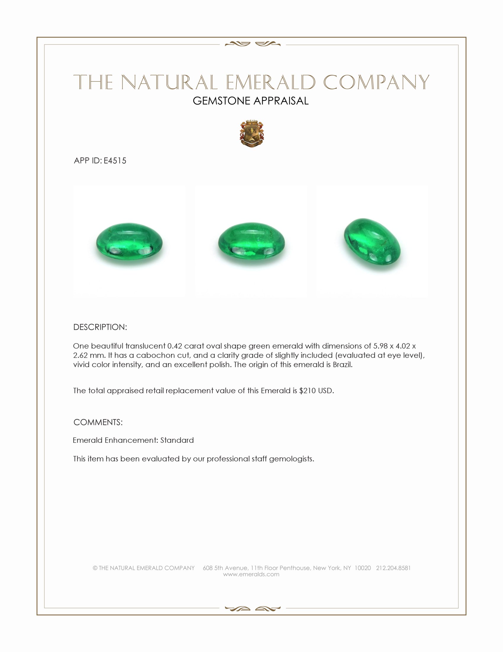 0.42 Ct. Cabochon Emerald from Brazil