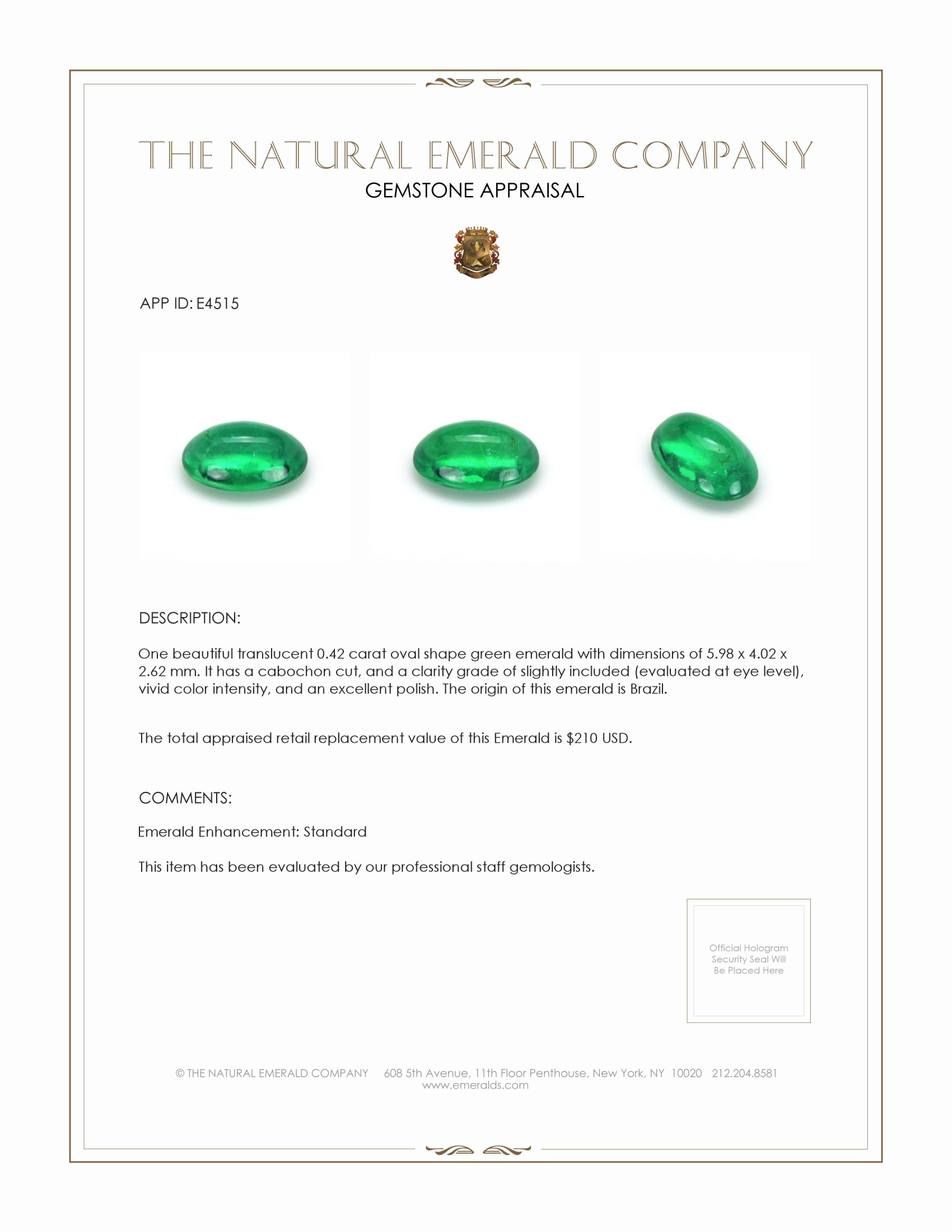 0.42 Ct. Cabochon Emerald from Brazil