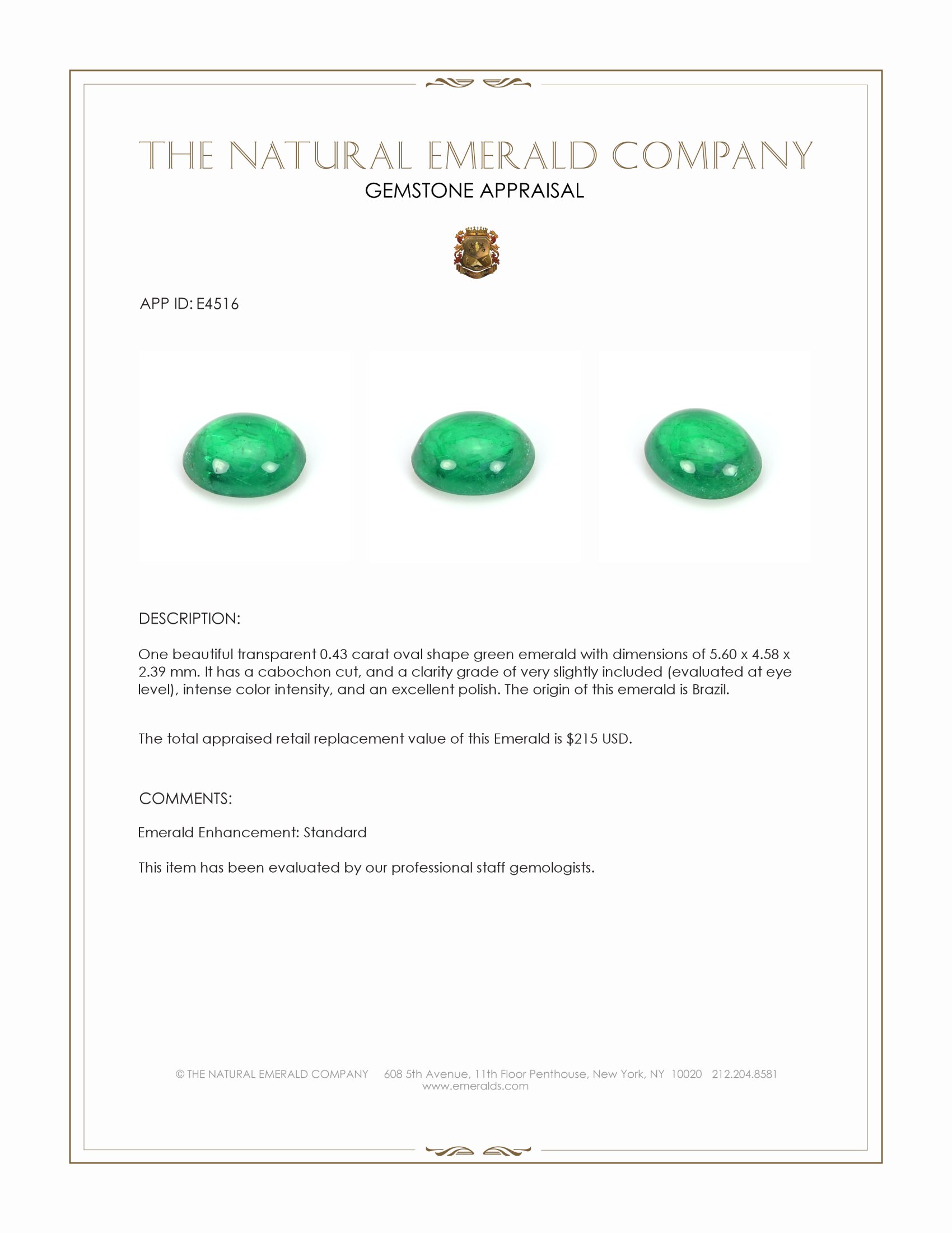 0.43 Ct. Cabochon Emerald from Brazil