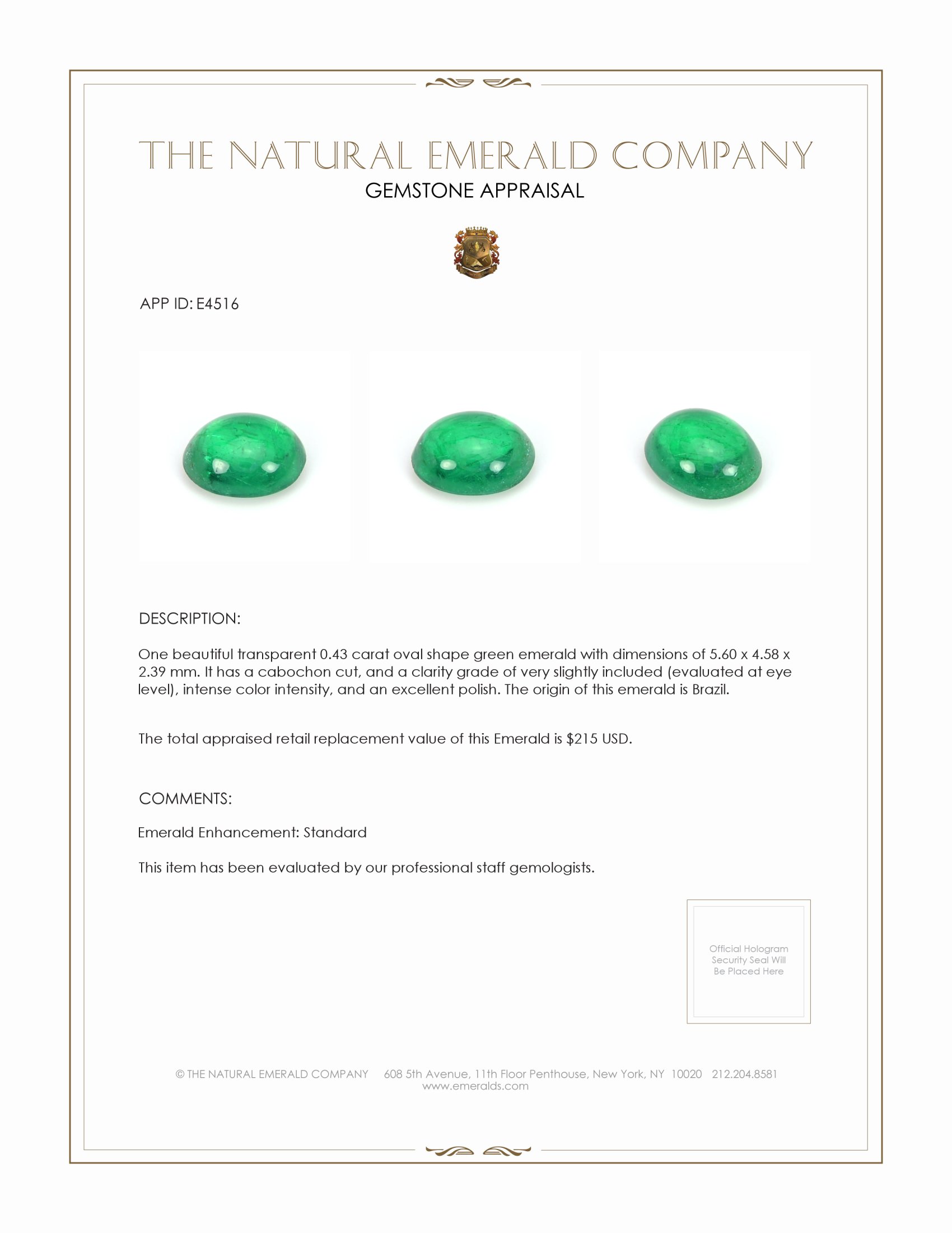 0.43 Ct. Cabochon Emerald from Brazil