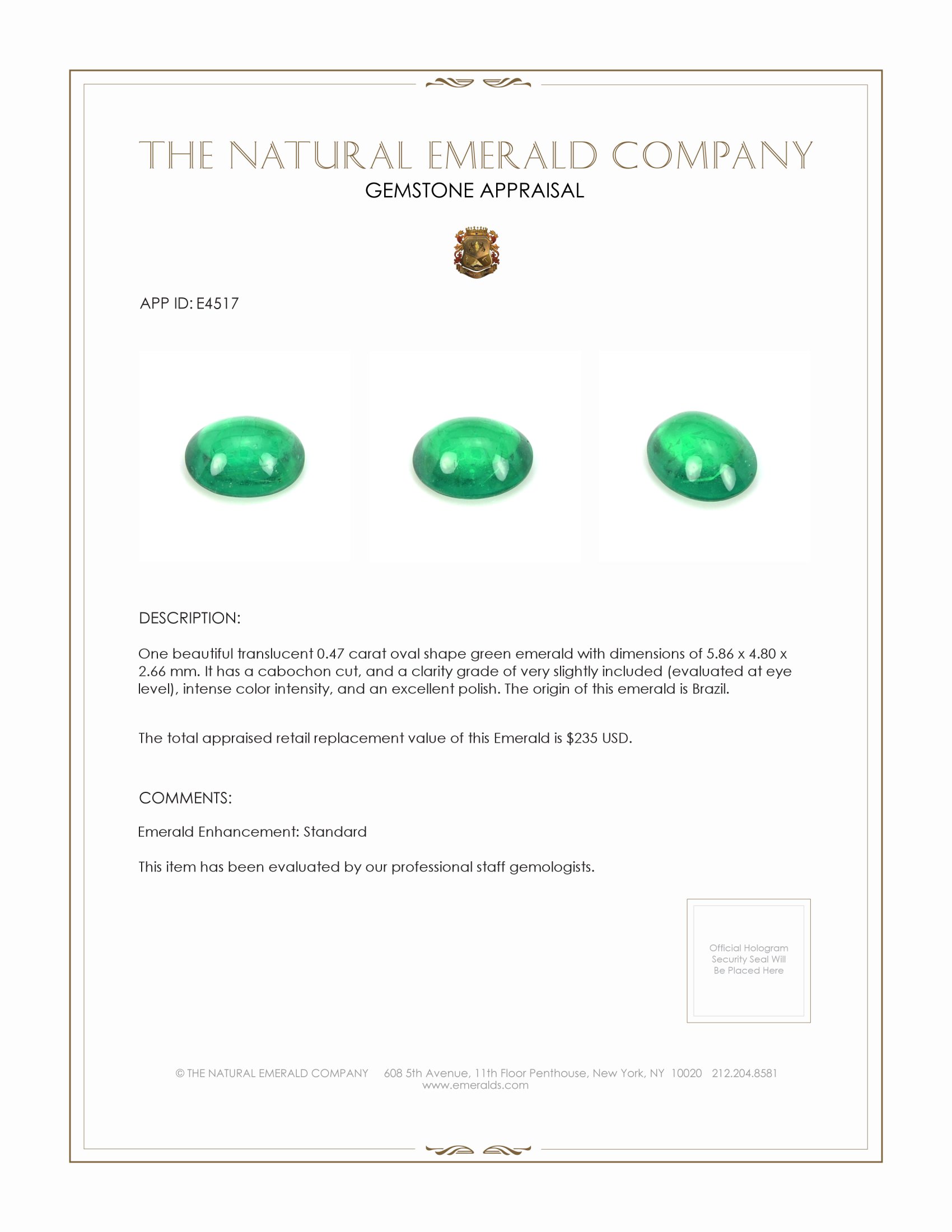 0.47 Ct. Cabochon Emerald from Brazil