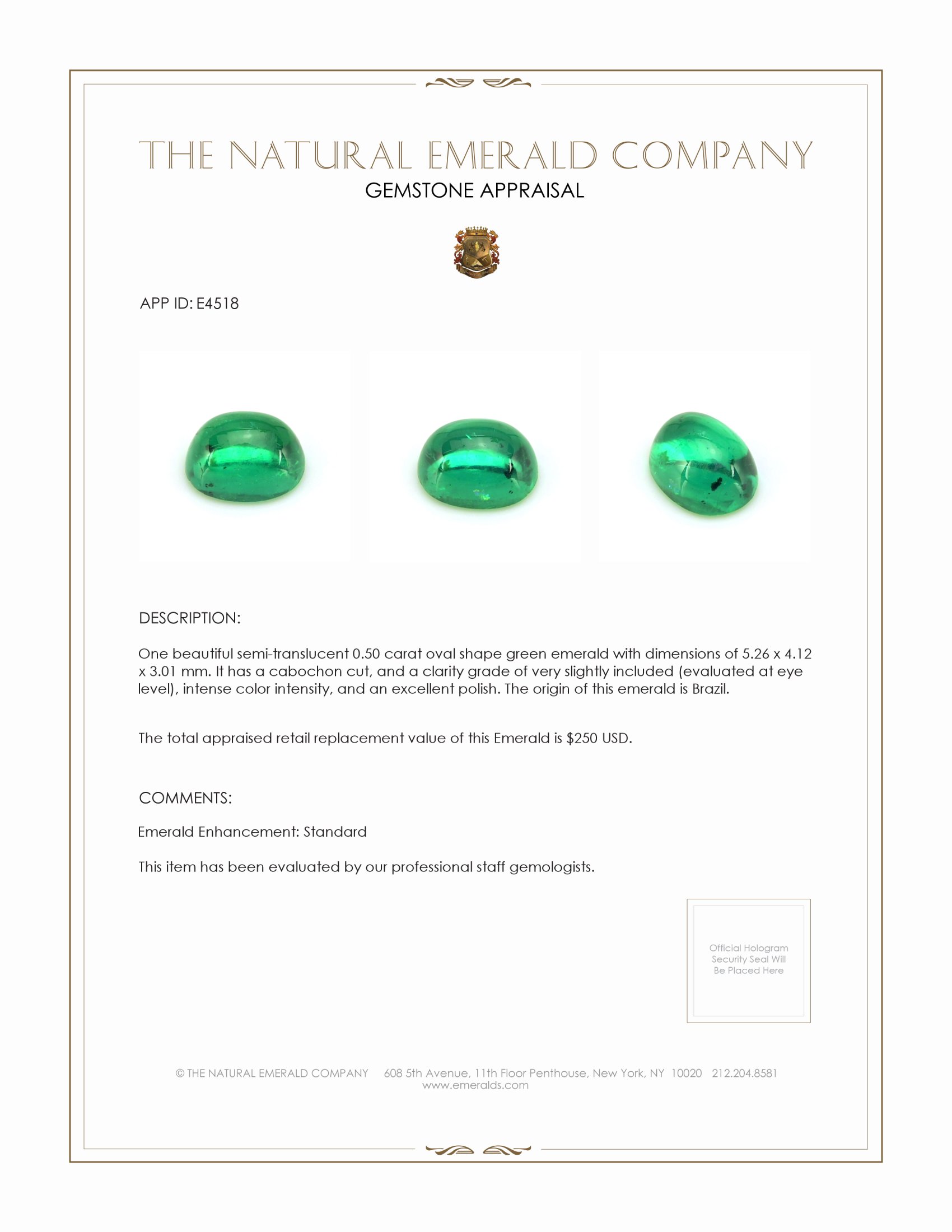 0.50 Ct. Cabochon Emerald from Brazil