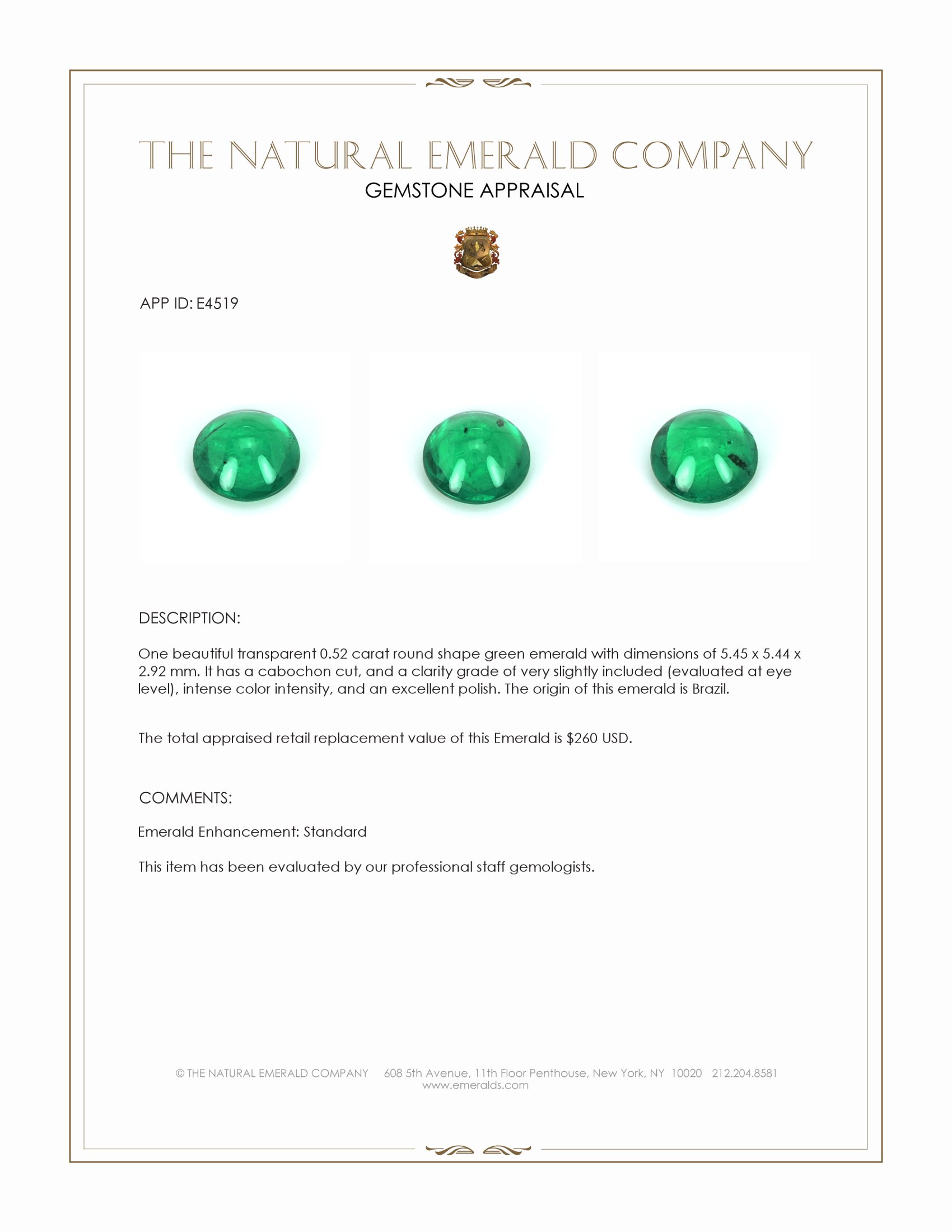 0.52 Ct. Cabochon Emerald from Brazil