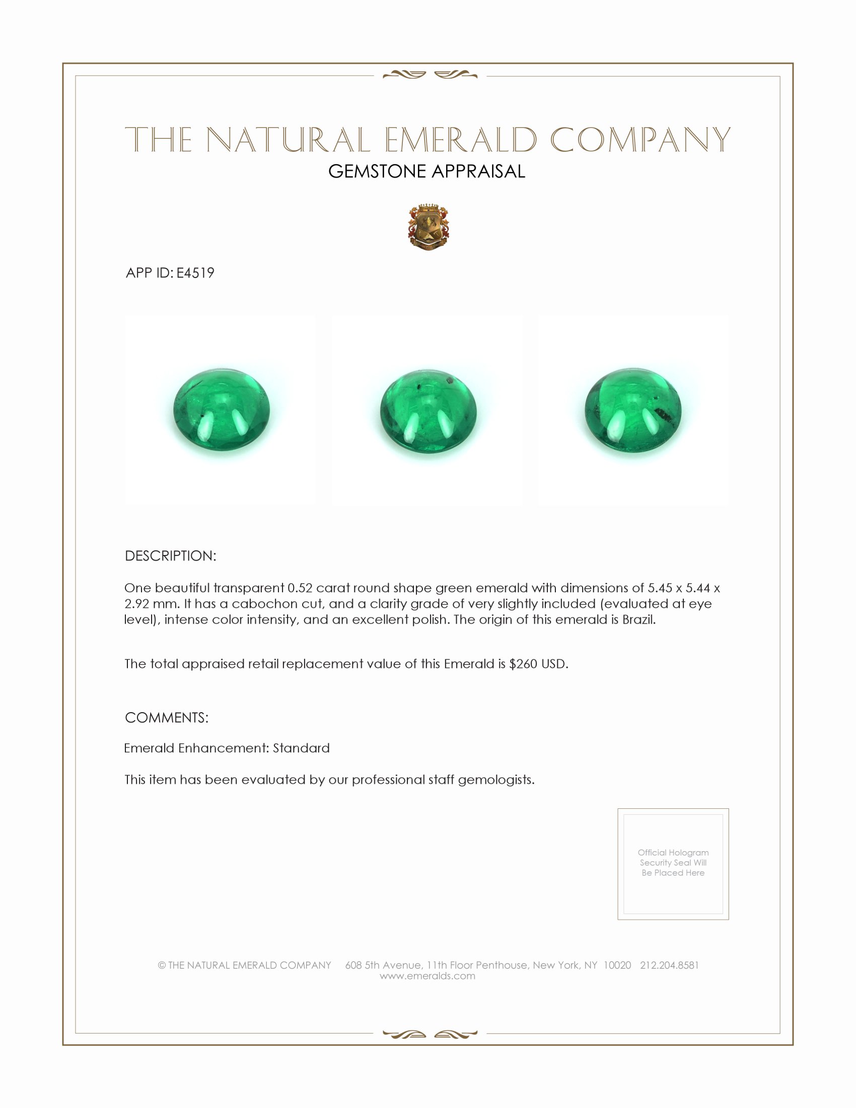 0.52 Ct. Cabochon Emerald from Brazil