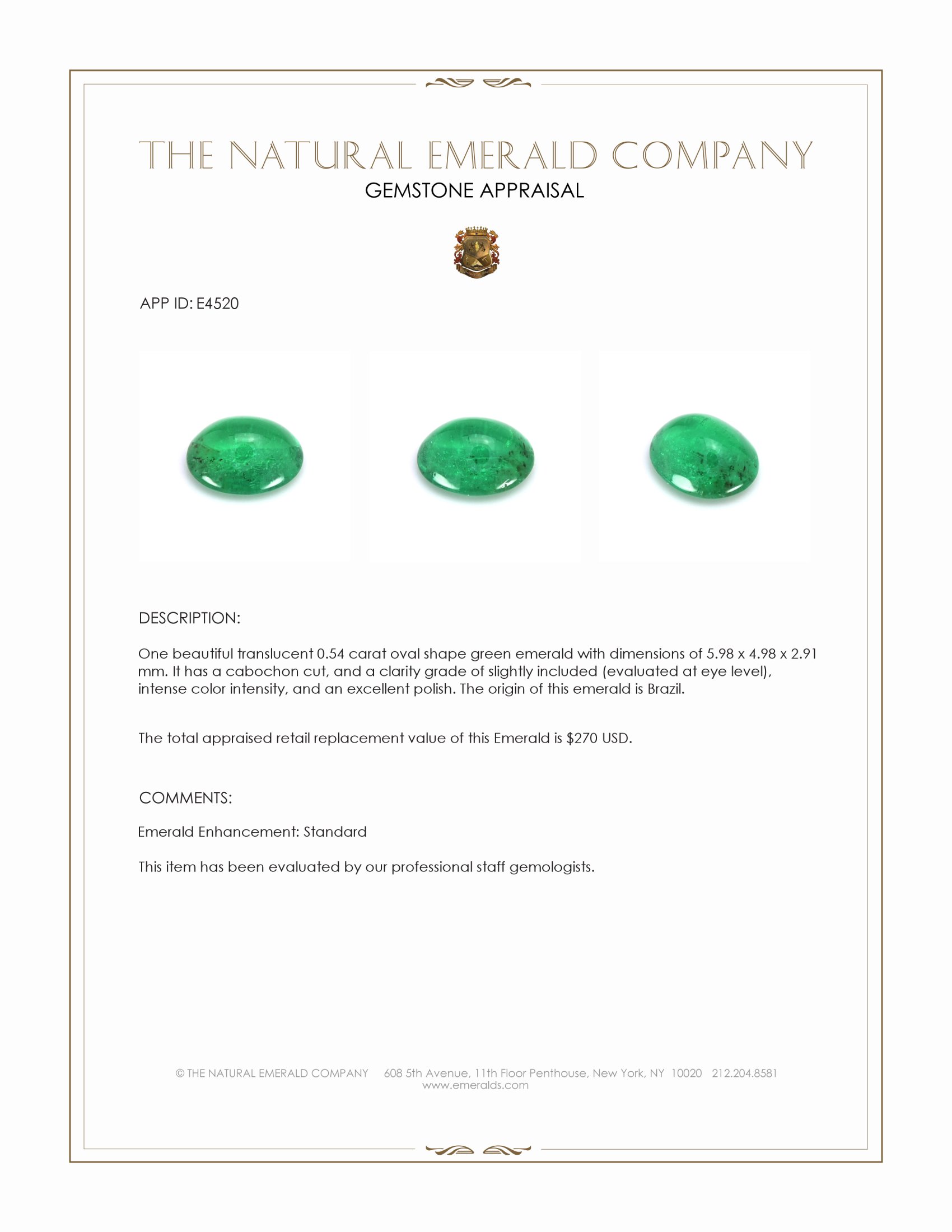 0.54 Ct. Cabochon Emerald from Brazil