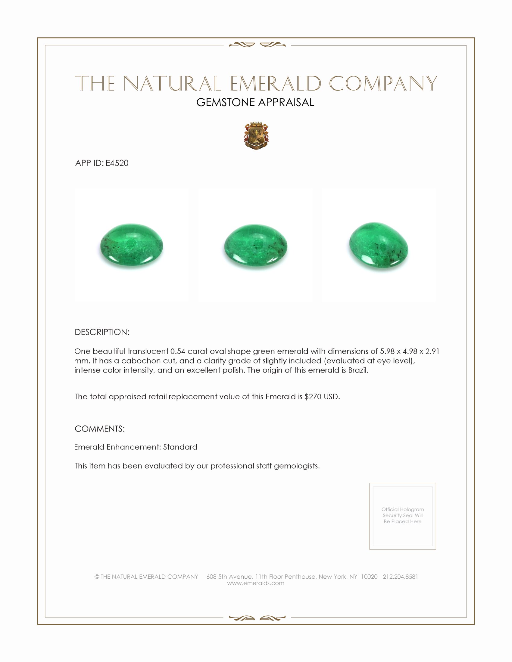 0.54 Ct. Cabochon Emerald from Brazil