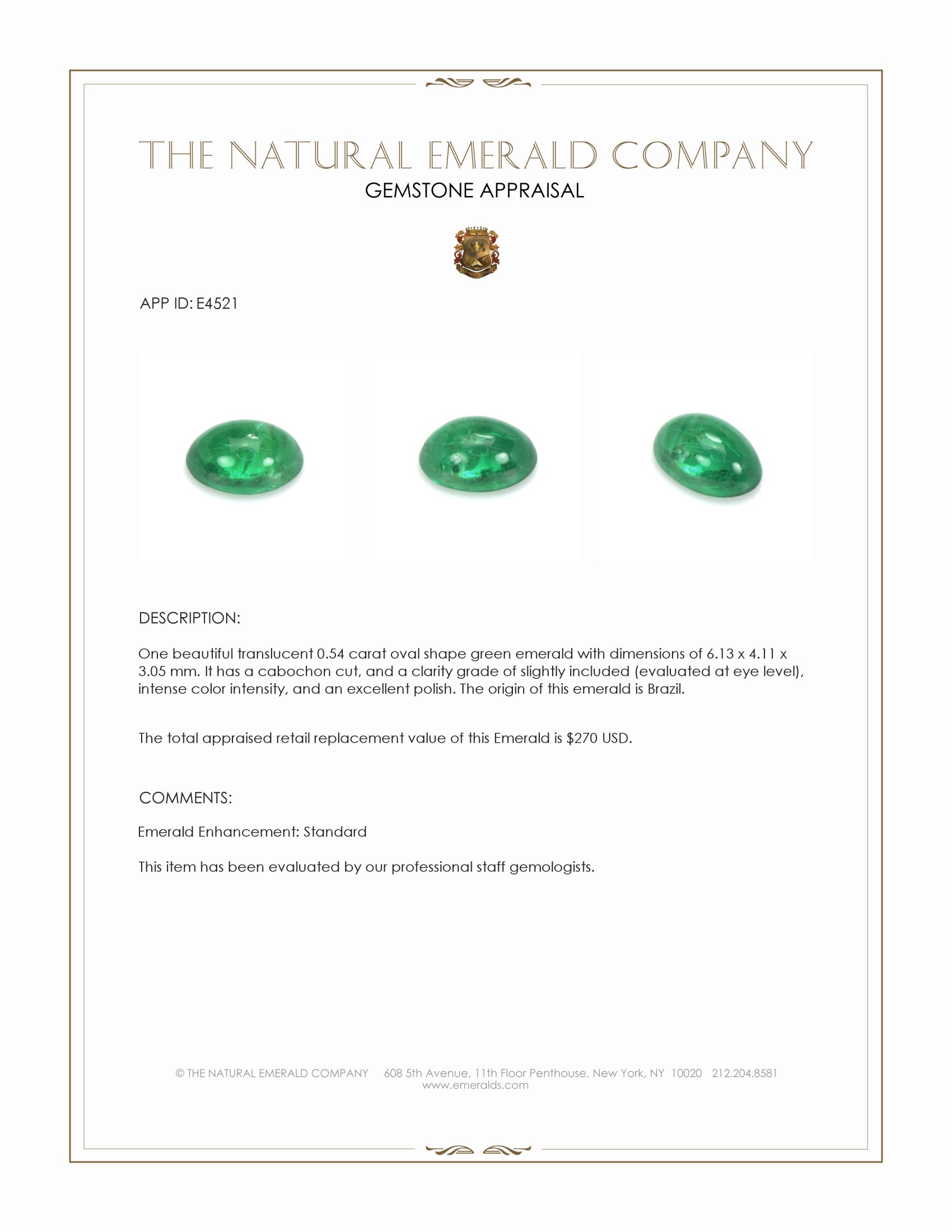 0.54 Ct. Cabochon Emerald from Brazil