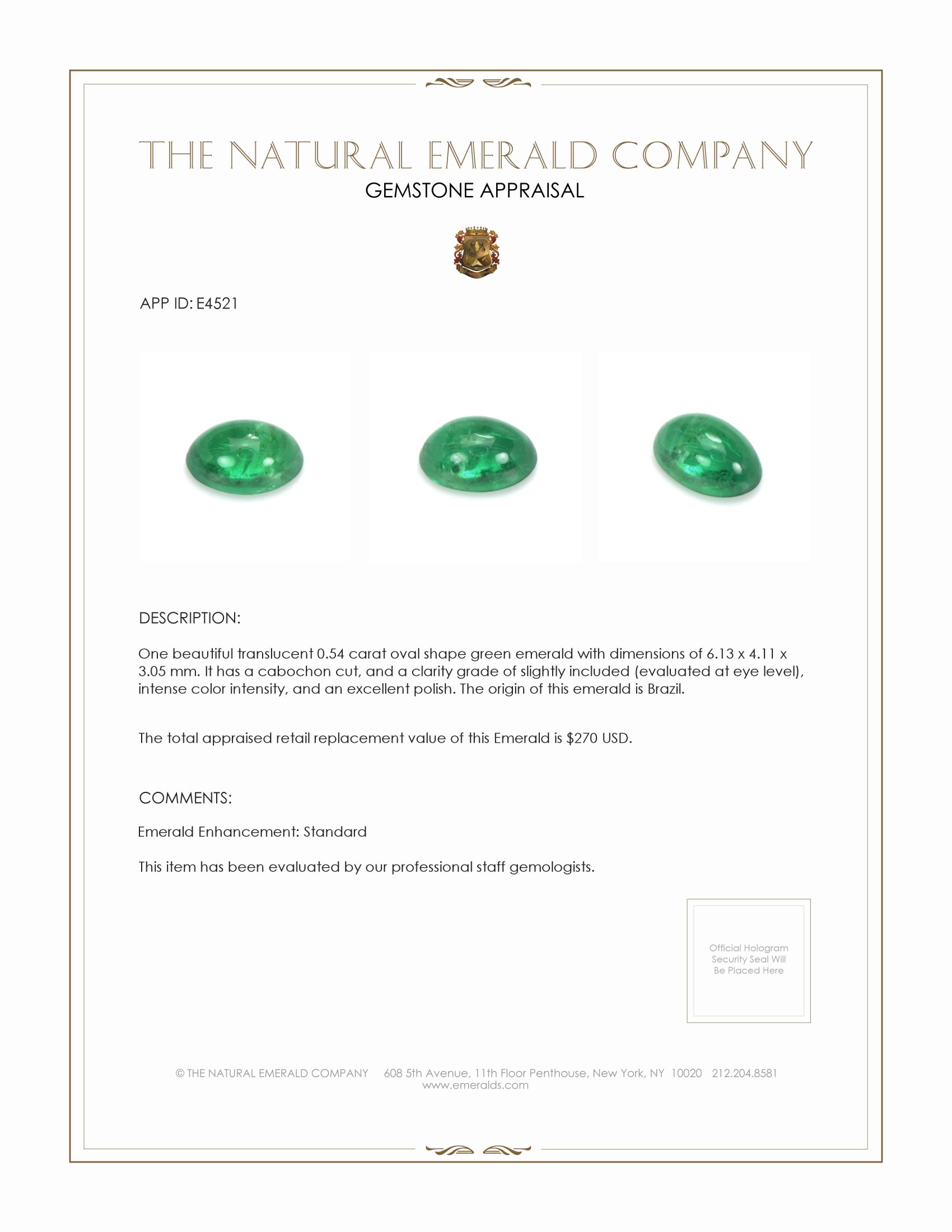 0.54 Ct. Cabochon Emerald from Brazil