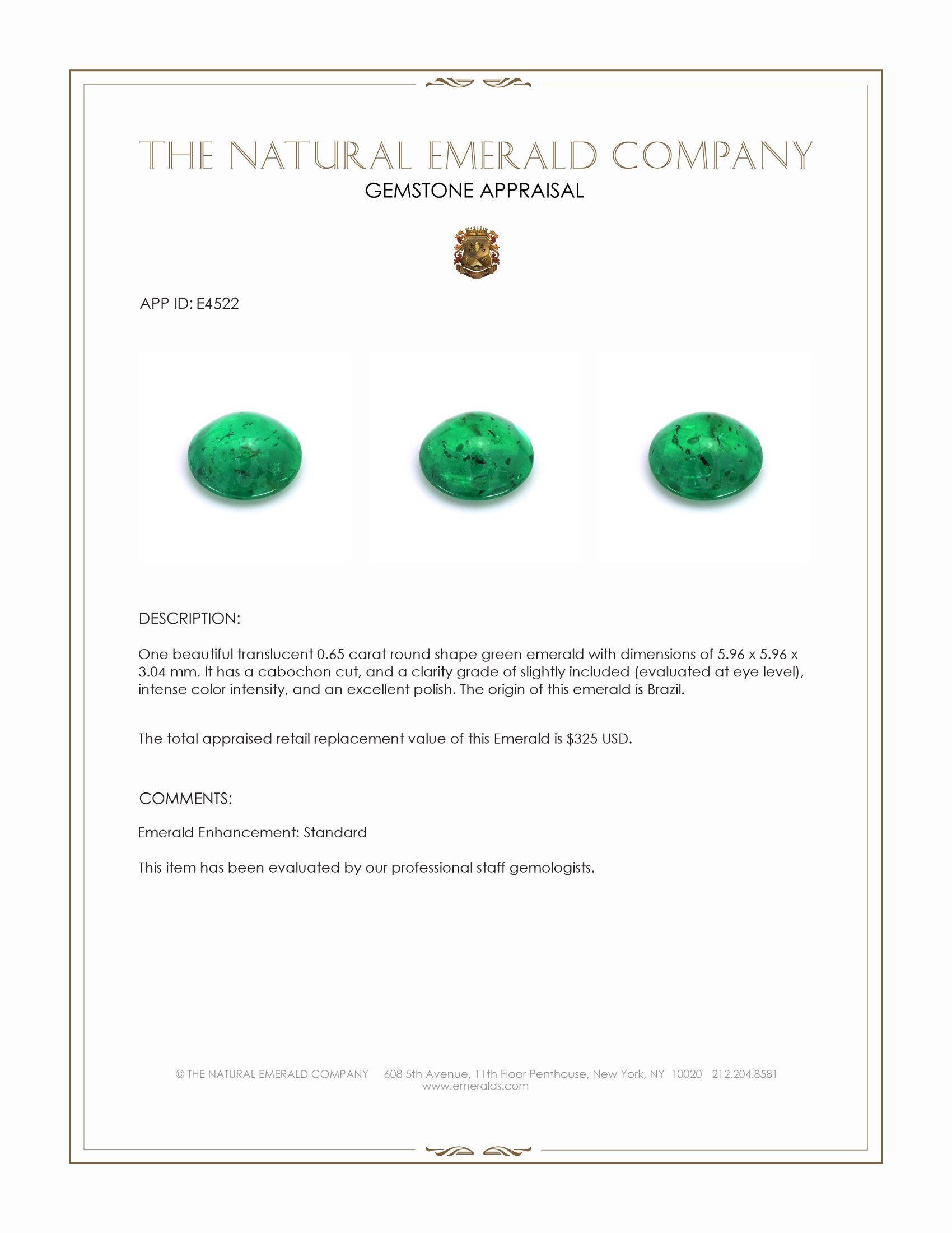 0.65 Ct. Cabochon Emerald from Brazil