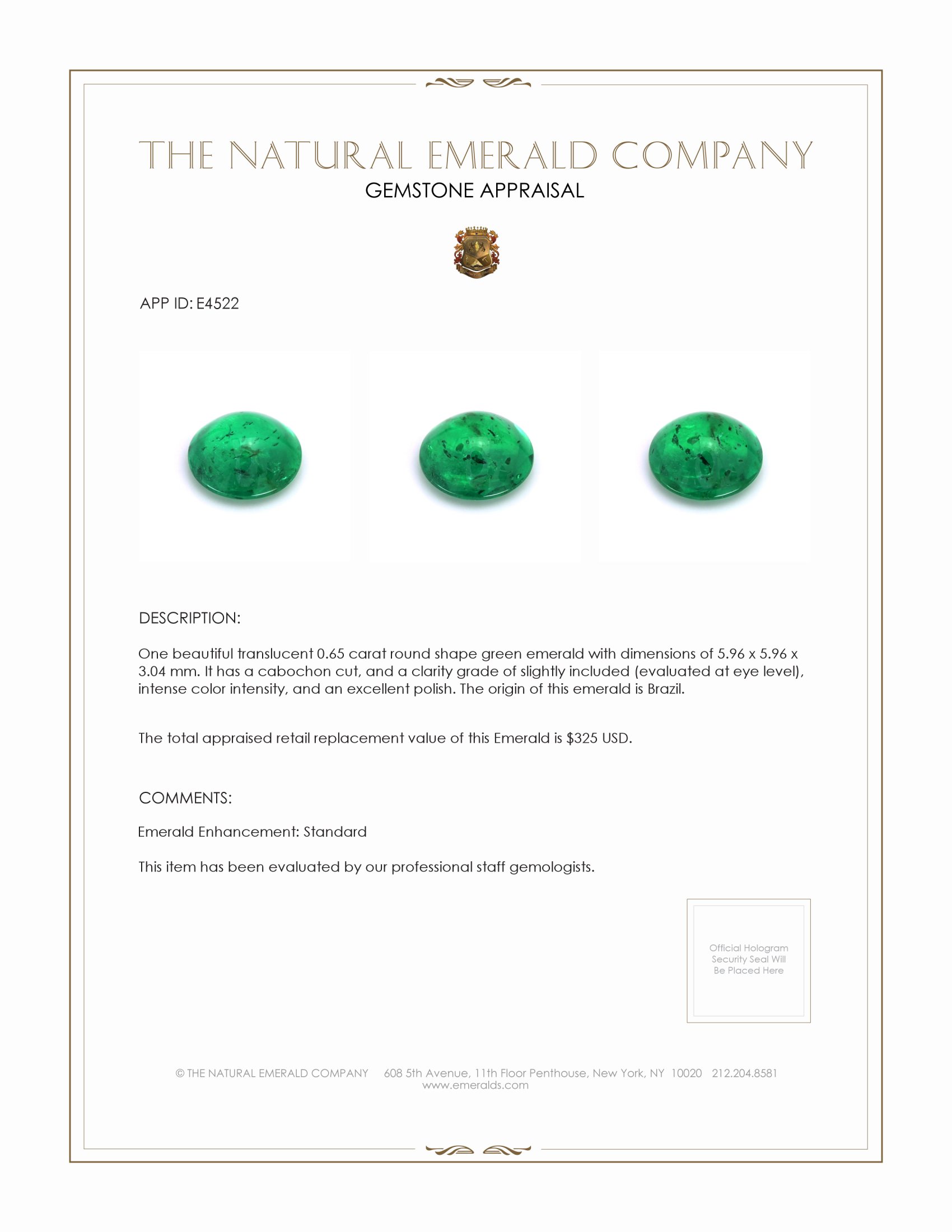 0.65 Ct. Cabochon Emerald from Brazil