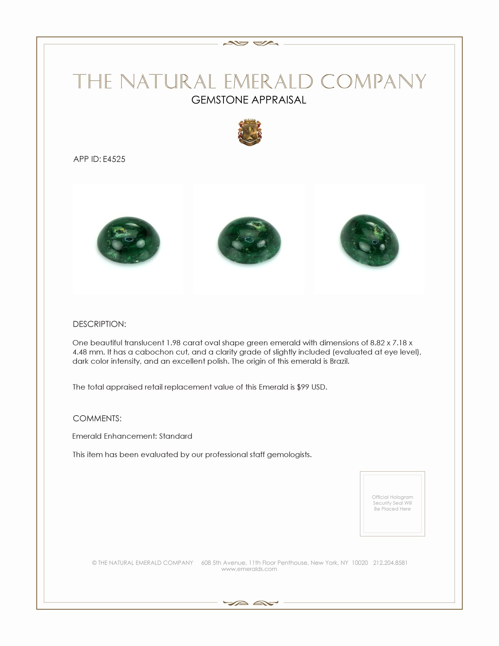 1.98 Ct. Cabochon Emerald from Brazil