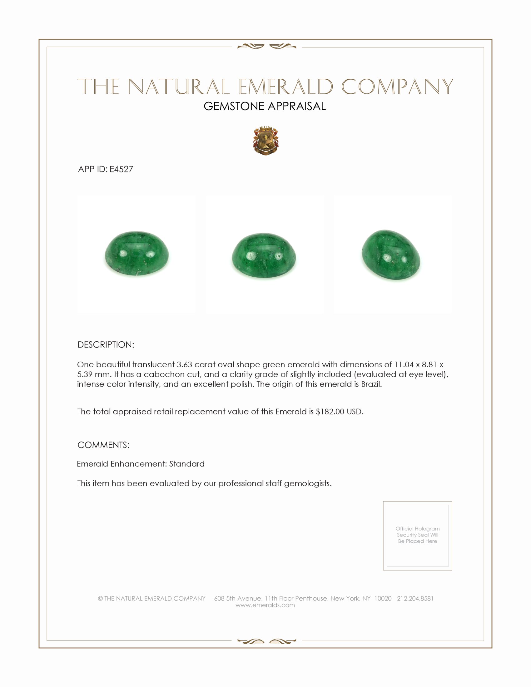 3.63 Ct. Cabochon Emerald from Brazil