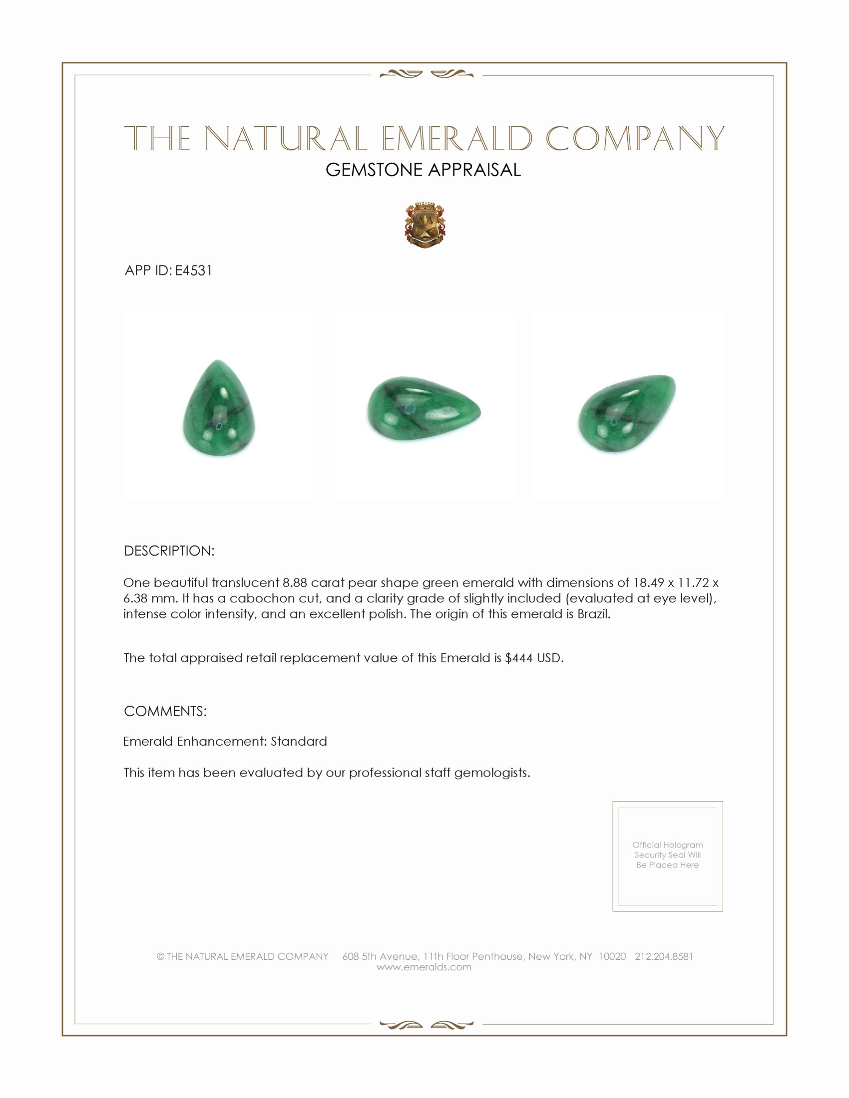 8.88 Ct. Cabochon Emerald from Brazil